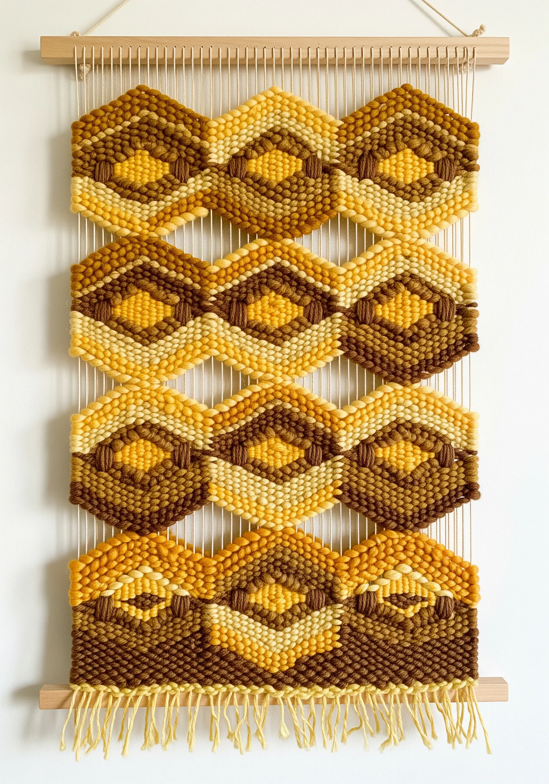 Woven wall hanging with a repeating honeycomb pattern in shades of yellow, gold, and brown.