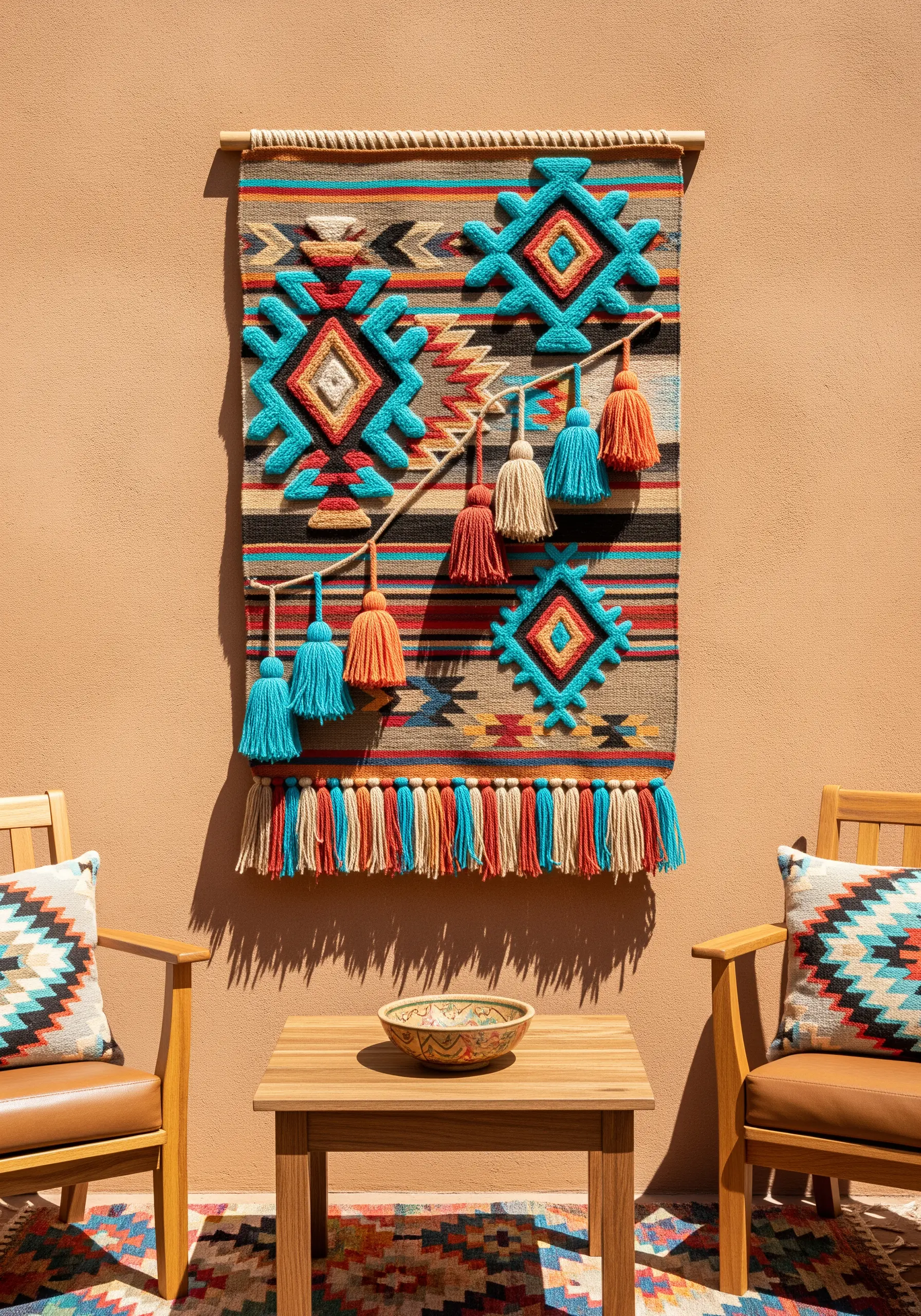 A Southwestern-style wall hanging with raised embroidery, geometric patterns, and tassels.