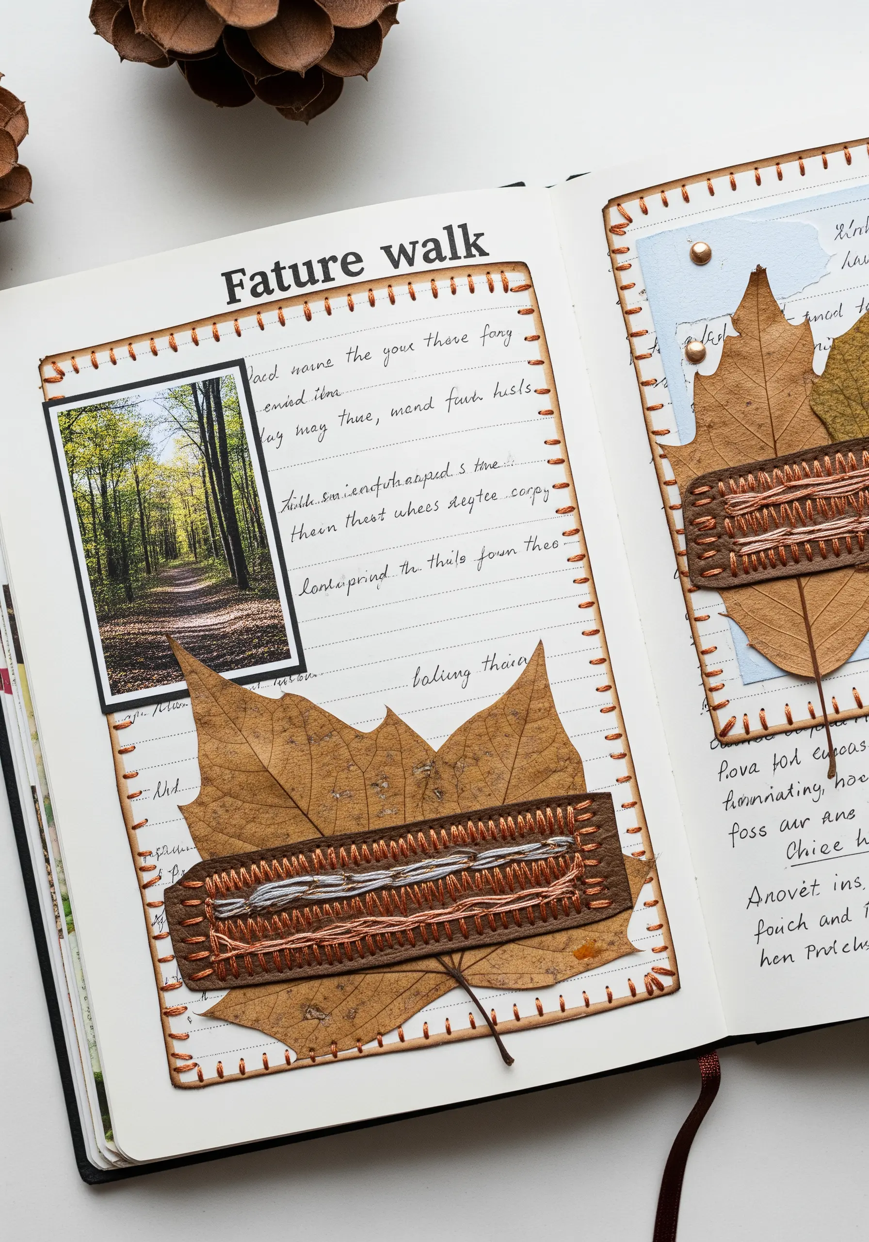 A nature journal page with a pressed leaf embellished with a woven patch of metallic thread.