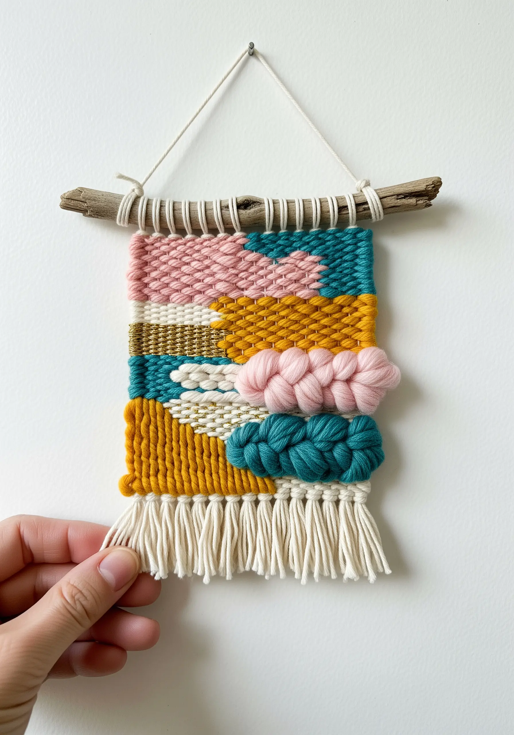 A small, colorful woven wall hanging with various textures, including thick pink and teal yarn.