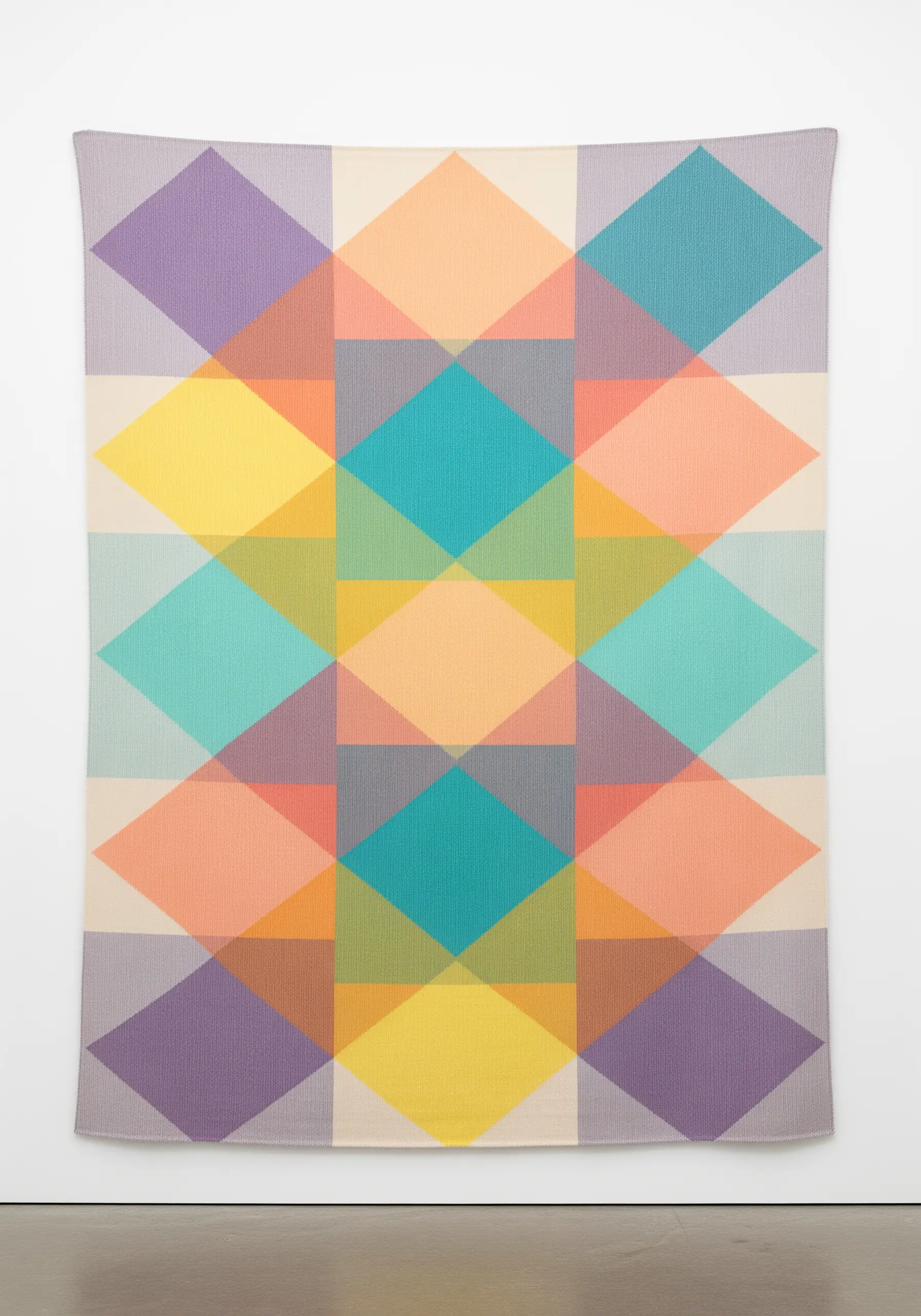 A woven tapestry with a pattern of overlapping, transparent-looking diamonds in various colors.