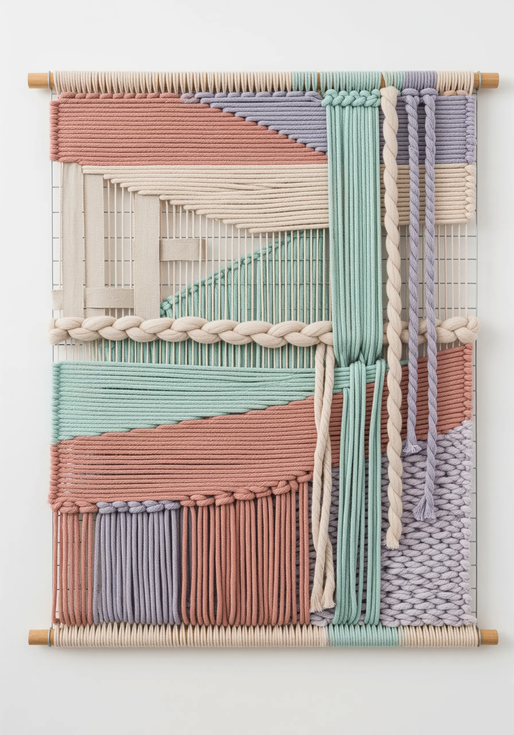 Geometric weaving on a wire grid frame with pastel pink, purple, and mint cords.