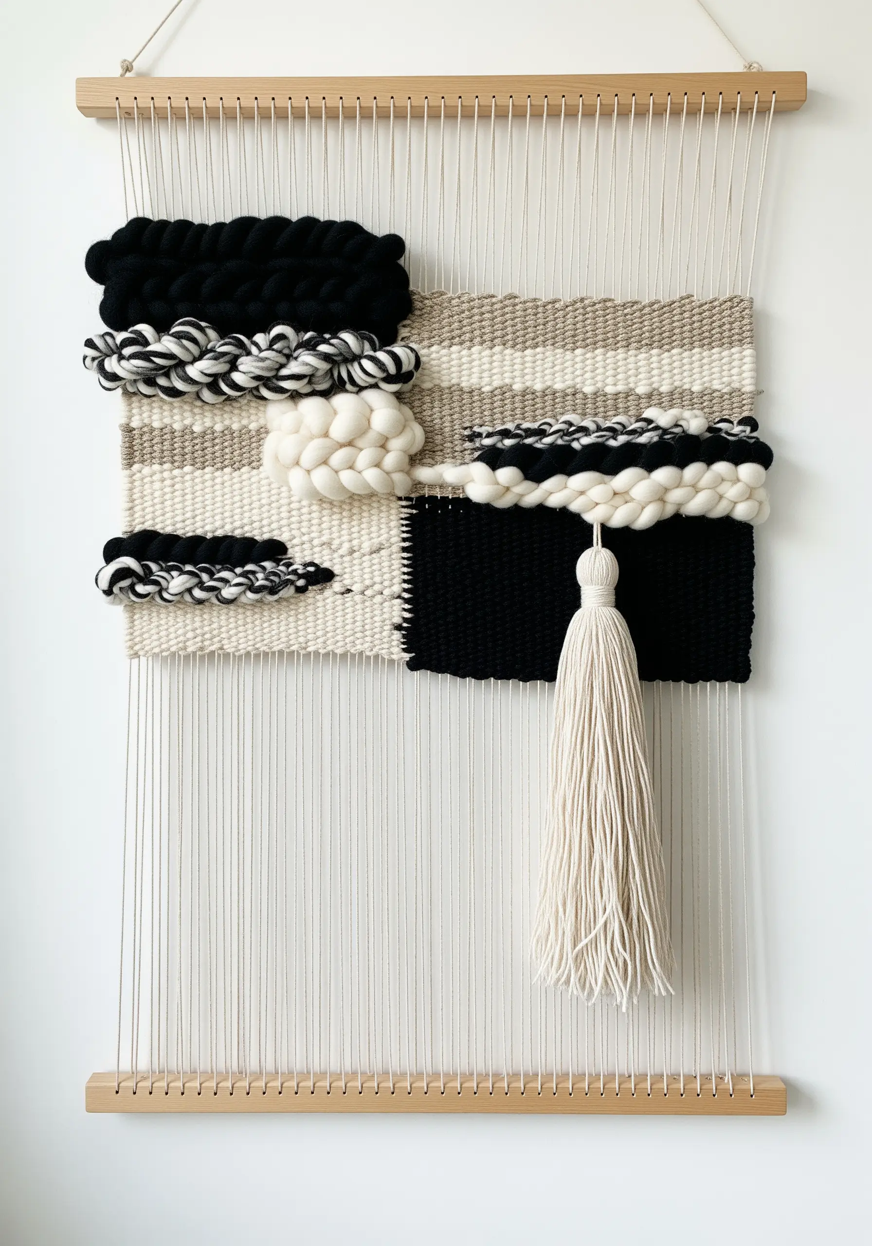 A minimalist weaving with black and white textured blocks and one long tassel.
