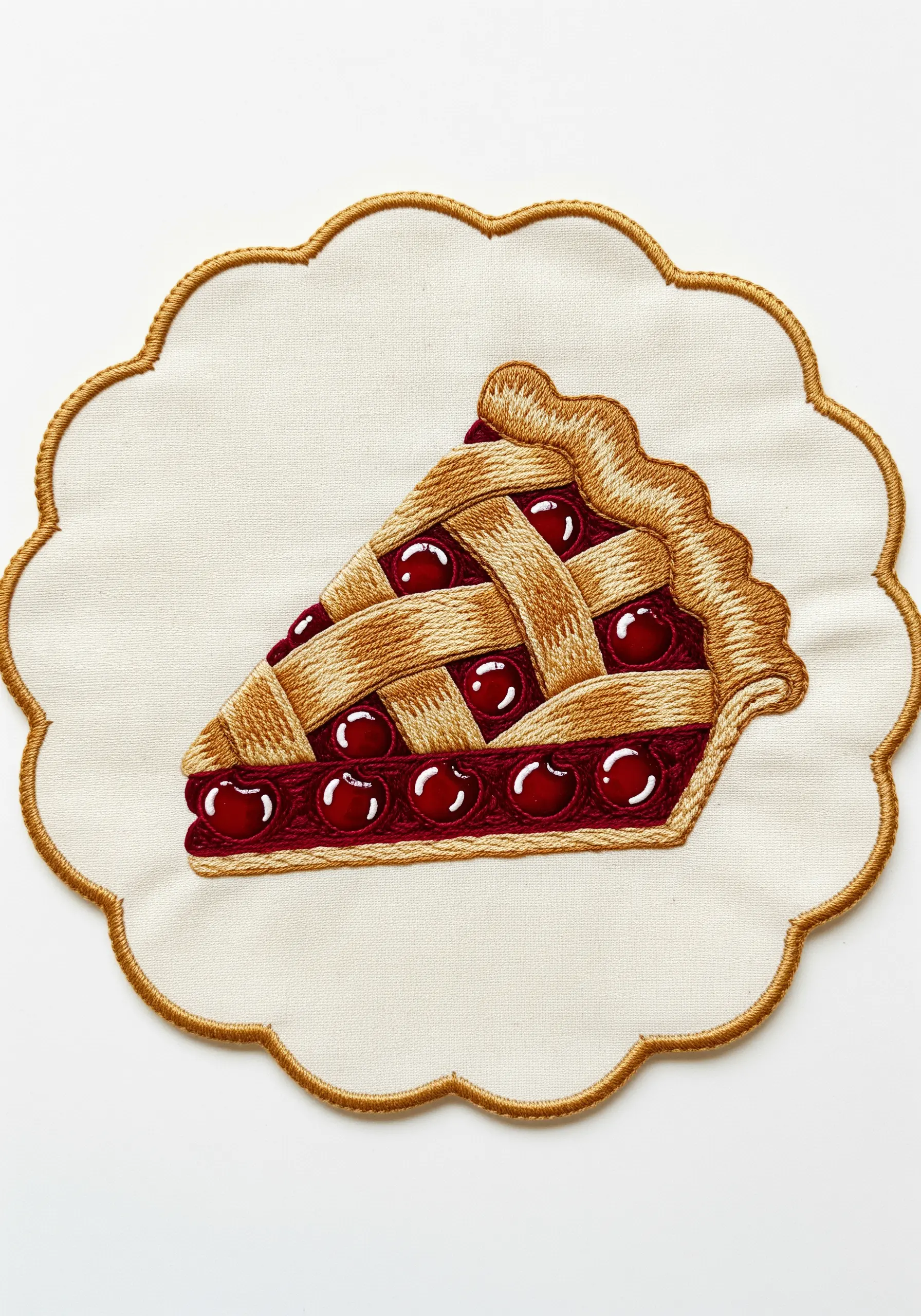 Embroidered cherry pie slice with a woven lattice crust and shiny cherries.