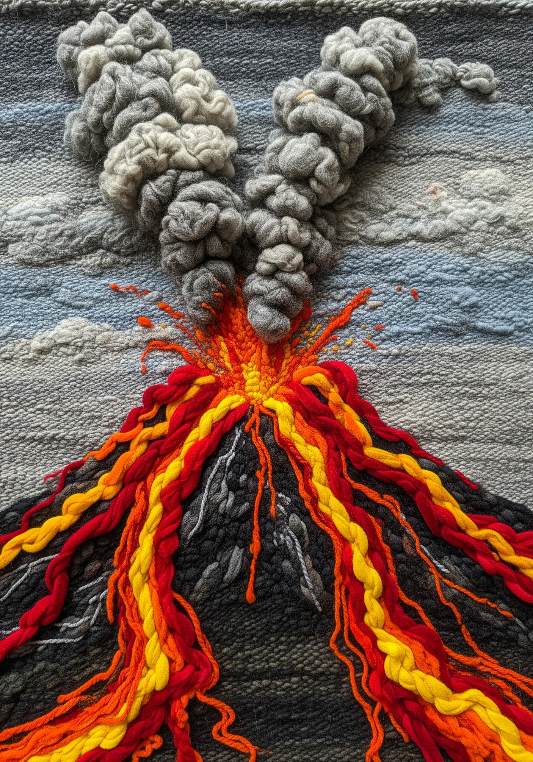 A woven wall hanging of an erupting volcano with textured roving for smoke and loose yarns for lava.