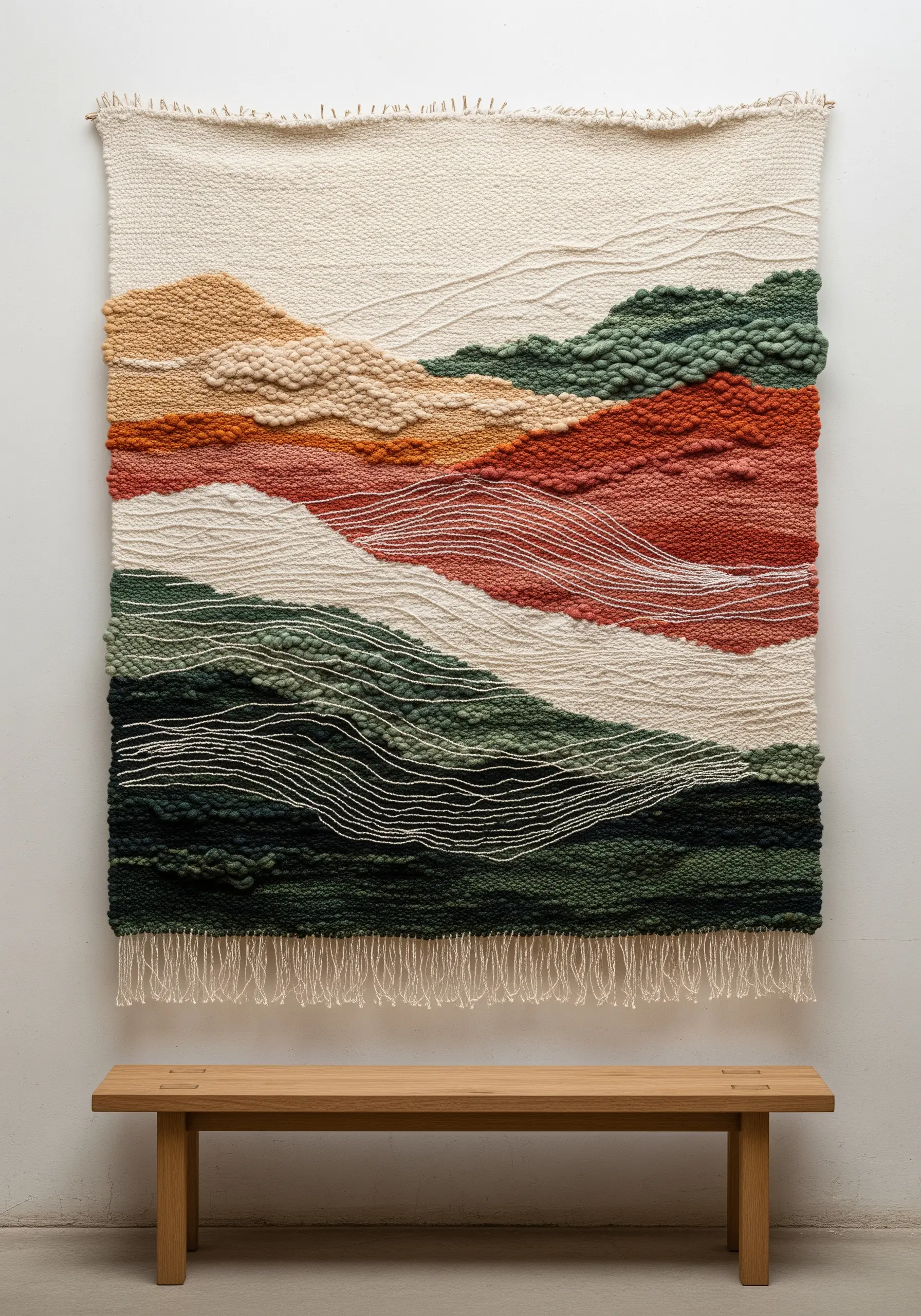 A large woven wall hanging depicting an abstract landscape in earthy tones, with embroidered lines.