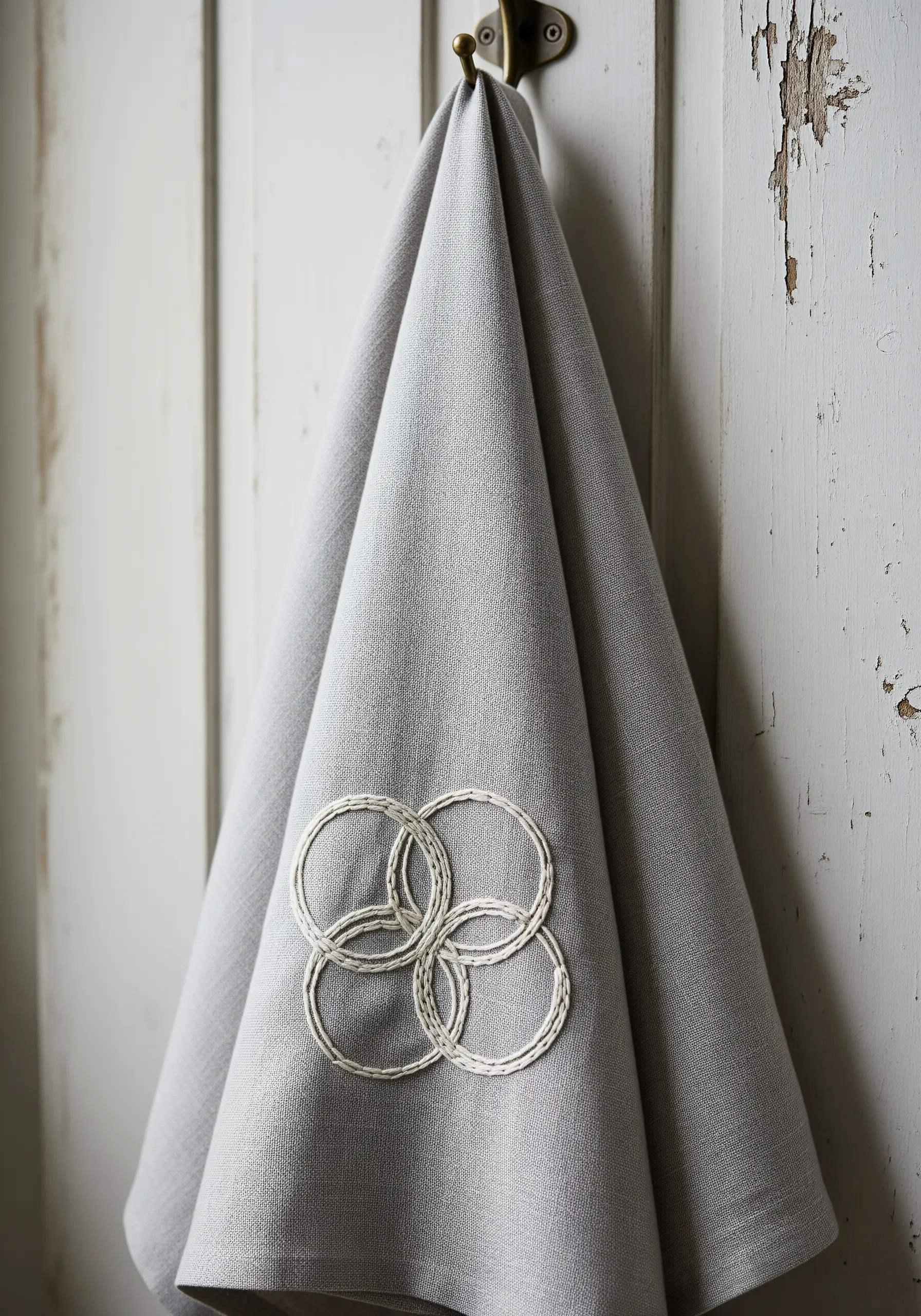 Textured white interlocking rings embroidered on a grey linen towel.