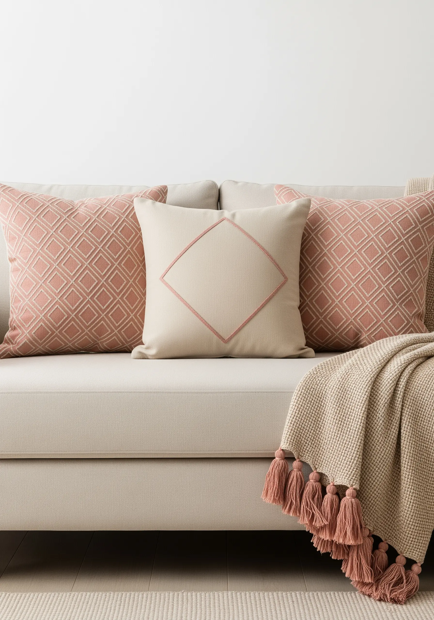 Pillows with an all-over geometric diamond pattern in blush and beige tones.