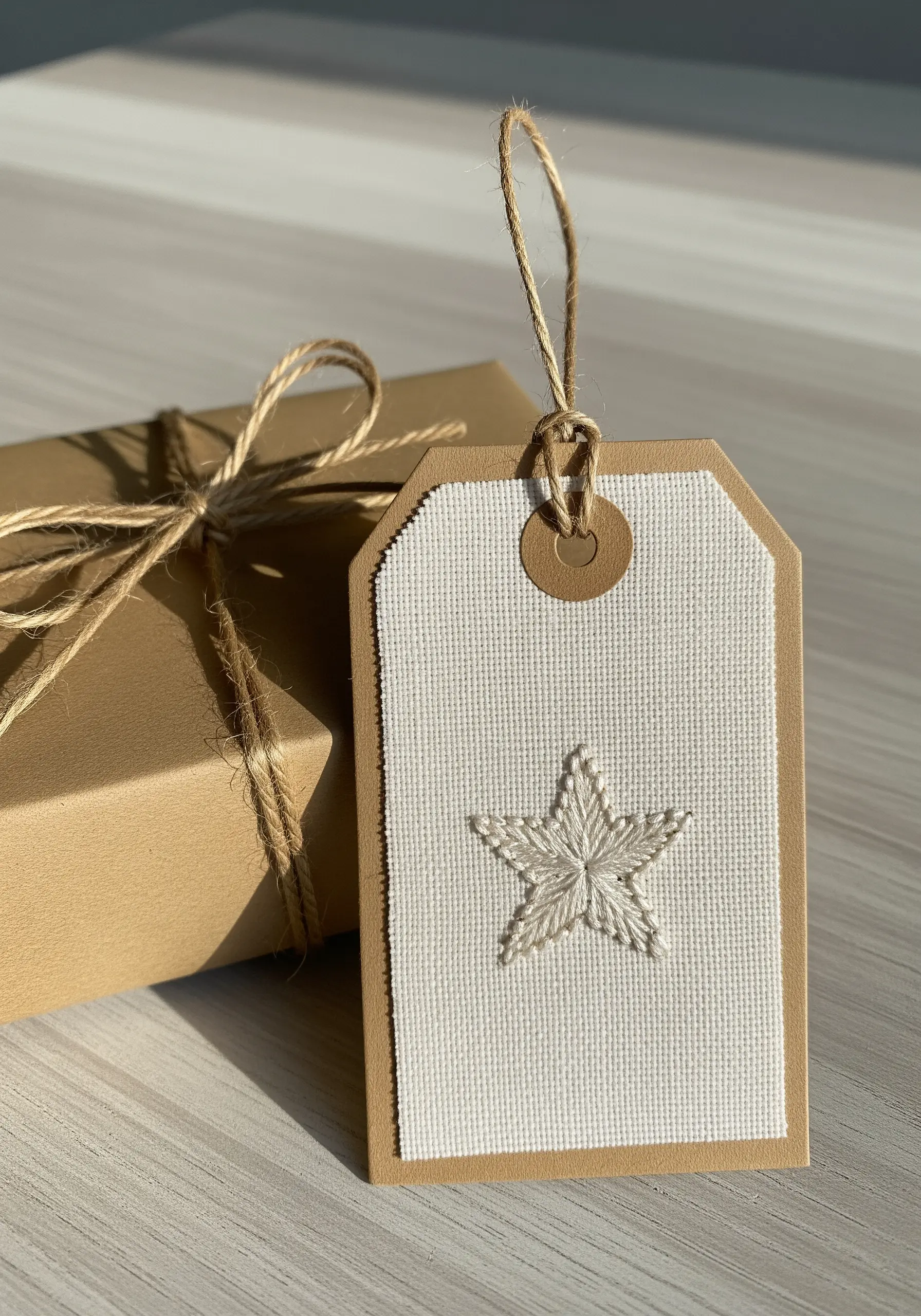 A star embroidered on gridded Aida fabric, mounted on a kraft paper gift tag.