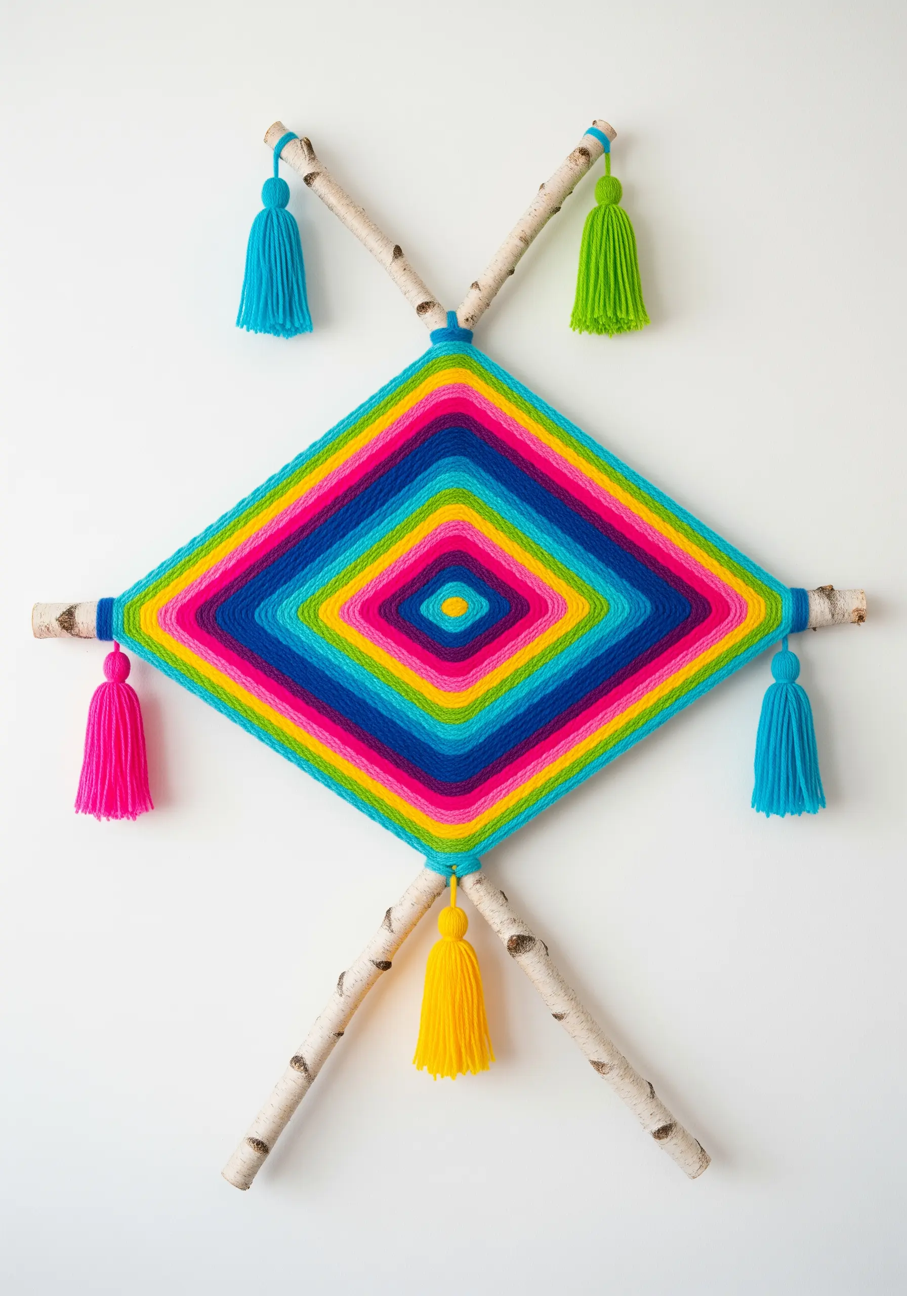 A brightly colored Ojo de Dios yarn weaving with tassels on birch branches.