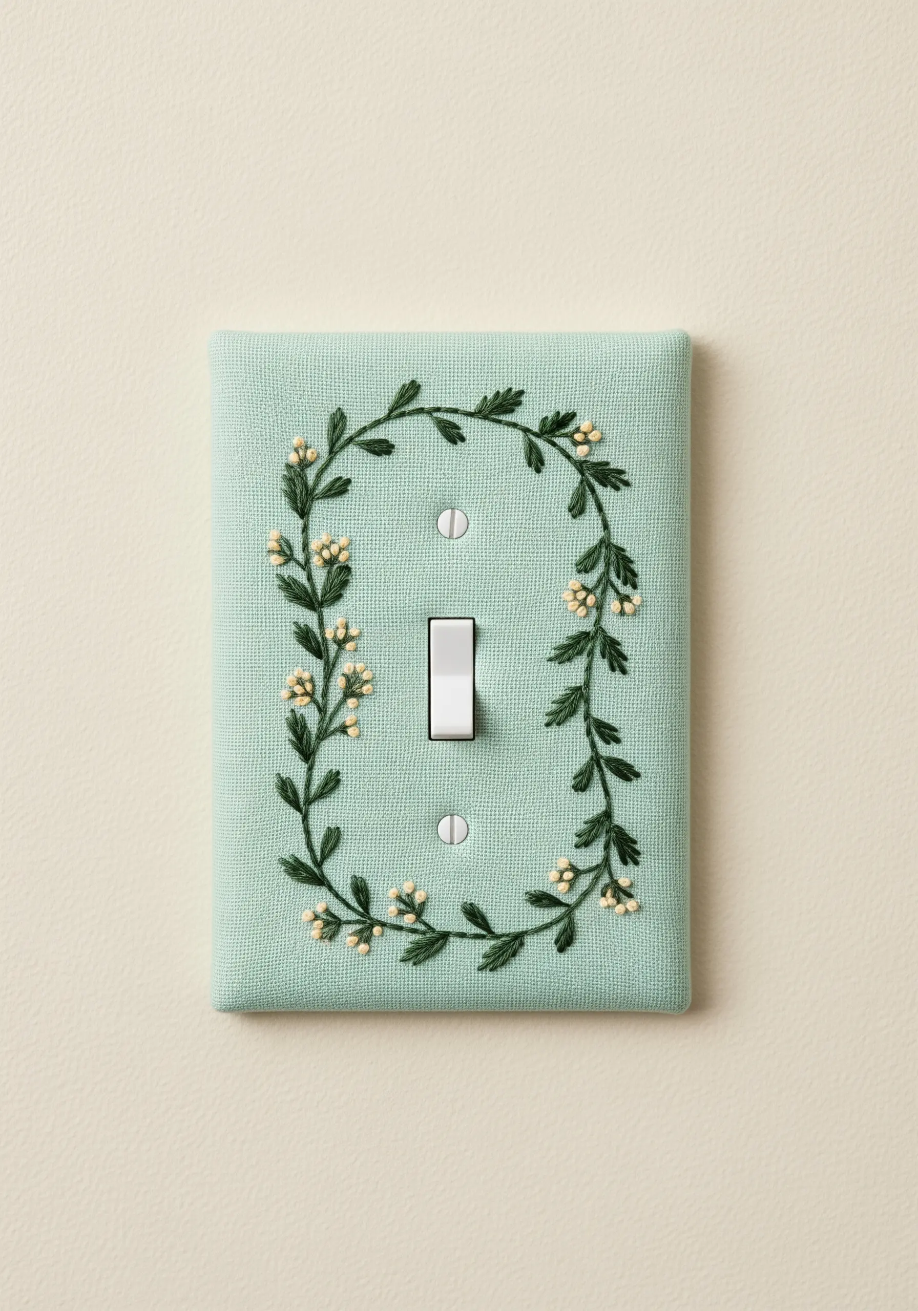 A light switch cover wrapped in mint green fabric embroidered with a floral wreath.