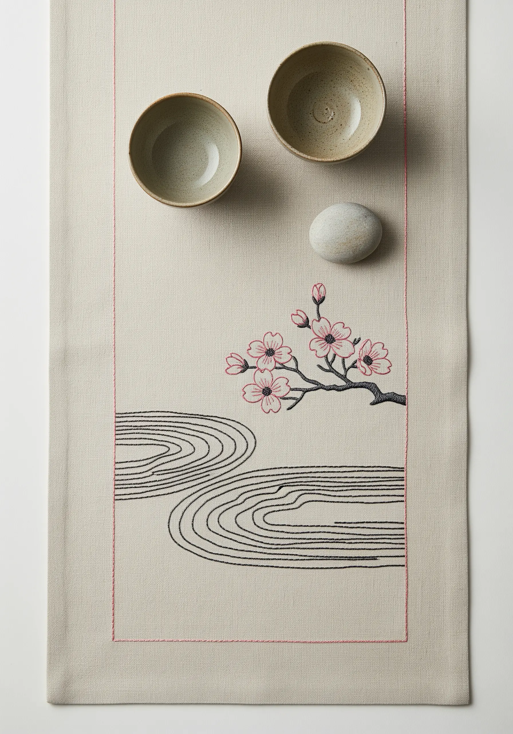 Minimalist embroidery of a cherry blossom branch and zen garden water lines.