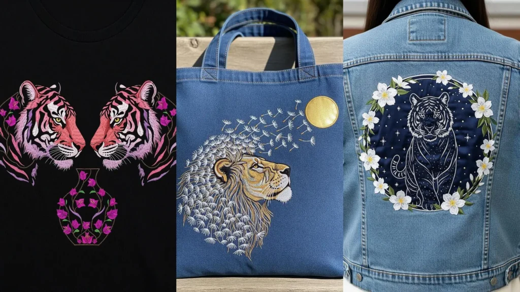 Fierce lion and tiger embroidery on streetwear, including a denim jacket, t-shirt, and a stylish blue backpack.