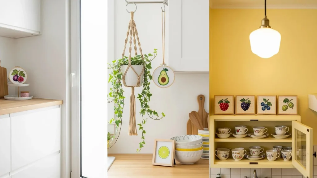 A charming kitchen with mini fruit embroidery frames as decor. An avocado hoop hangs and berry designs sit on a cabinet.