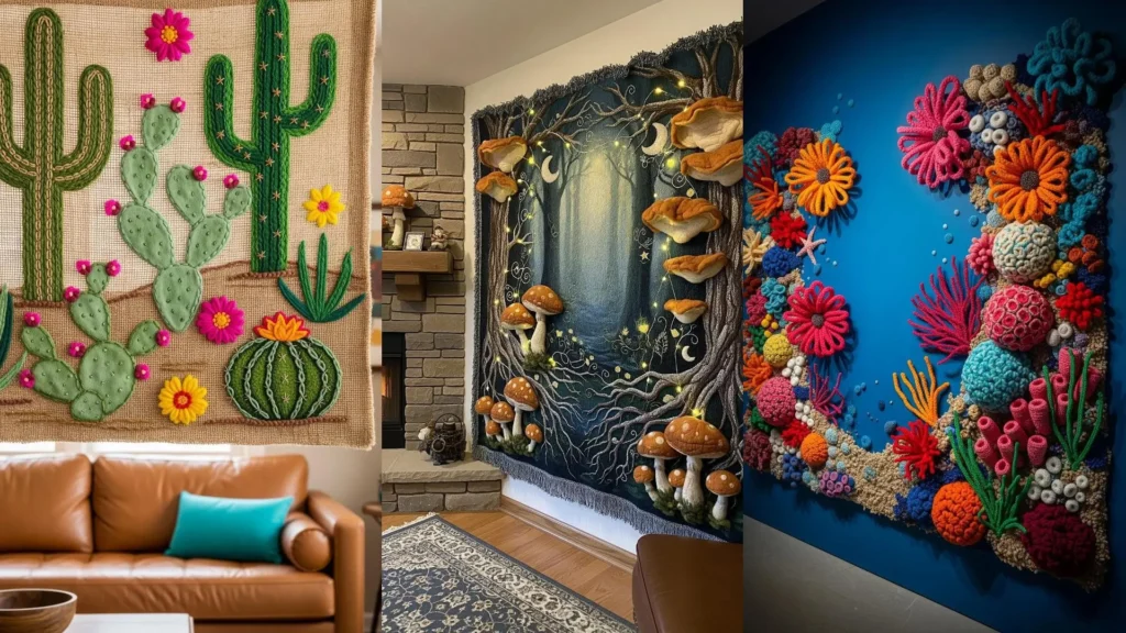 A collage of botanical textile art ideas for garden walls that need no watering, like a cactus weaving and a forest tapestry.