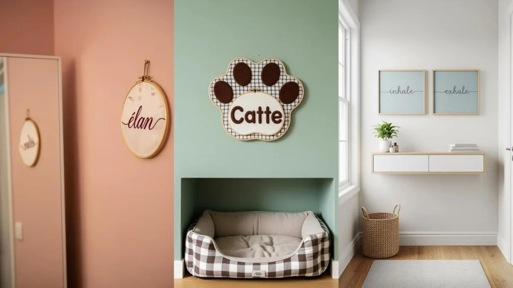 A collage of micro-typography embroidery art demonstrates how to style and decorate limited wall space in a modern home.