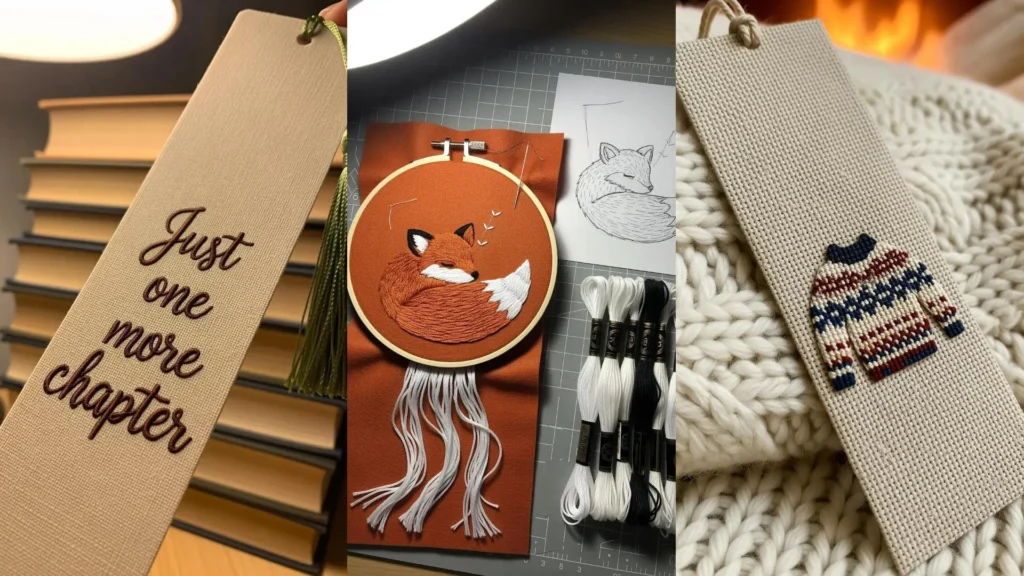A collage of DIY cozy embroidery bookmarks, including a fox, a tiny sweater, and a quote about reading.