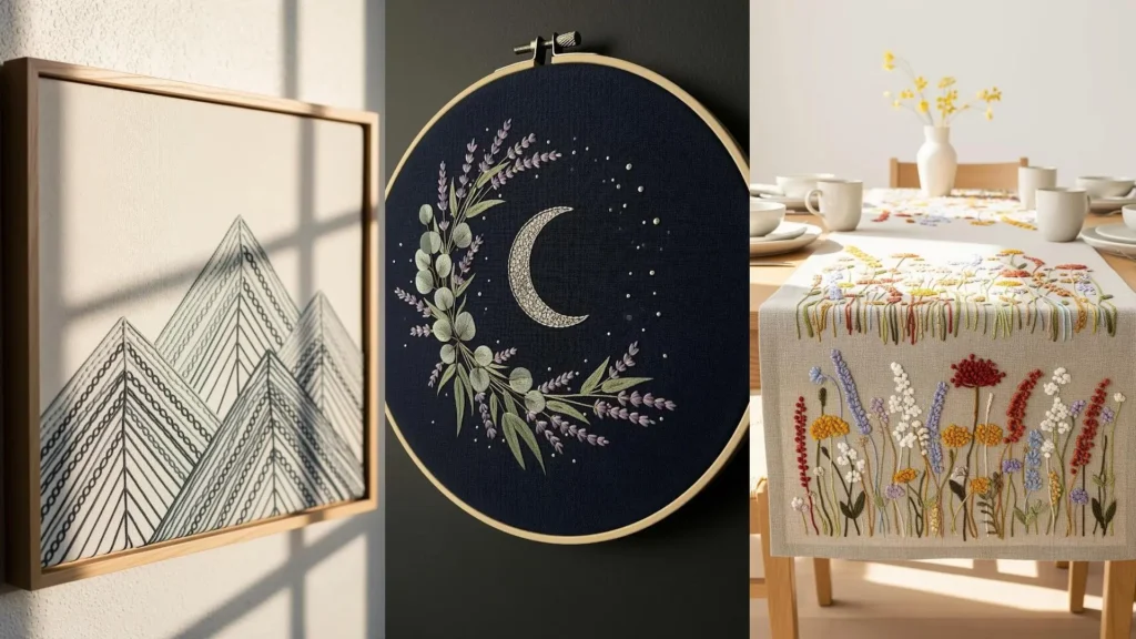 A collage of serene embroidery ideas for an organic home, featuring mountain art, a moon hoop, and a floral table runner.