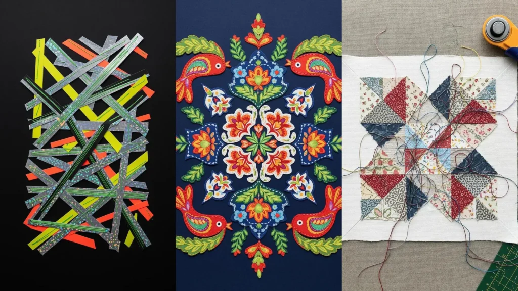 A vibrant collage of DIY projects using layered paper, thread, and fabric for thread-inspired visual effects.