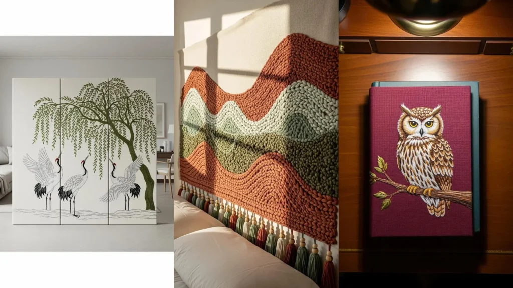A collage of handmade art objects used as home decor, including embroidered wall art and a woven tapestry.