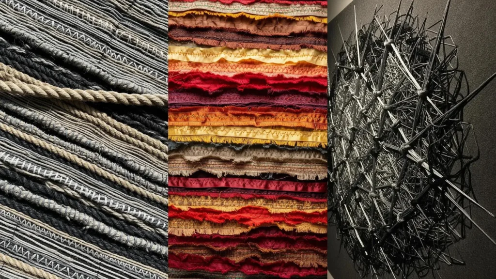 Collage of abstract, sculptural embroidery with layer-on-layer thread creations for textured surfaces.