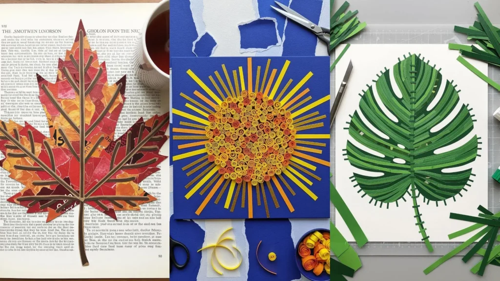 Collage art of leaves and a sun made from scrap paper with rich, embroidery-like textures.