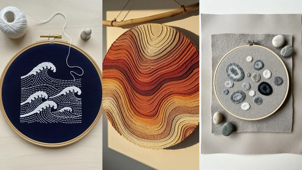 Three embroidery hoops displaying calming, earthy texture patterns inspired by ocean waves, rocks, and topography.
