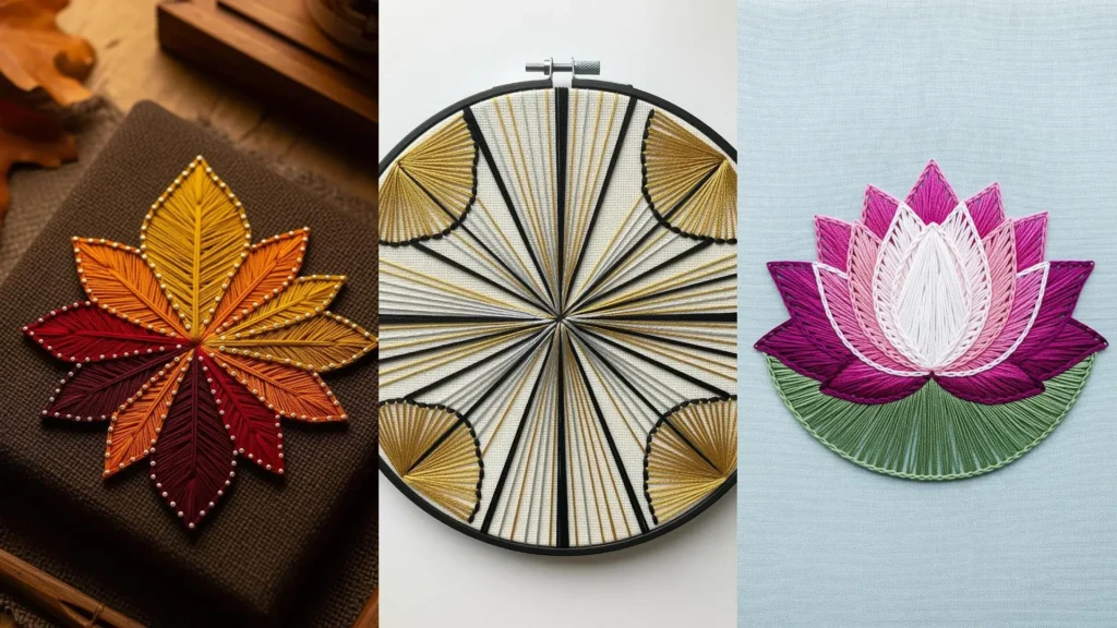 Beginner-friendly mandala embroidery designs with a string art look, featuring a leaf, a geometric pattern, and a lotus.