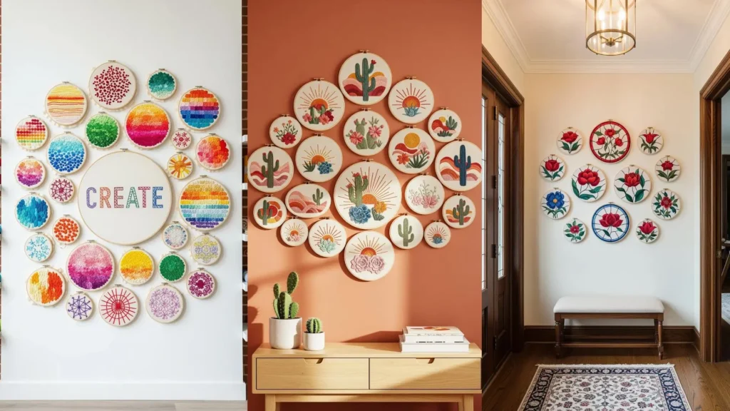 A collage of three walls decorated with colorful embroidery hoops, creating a beautiful and modern gallery wall display.
