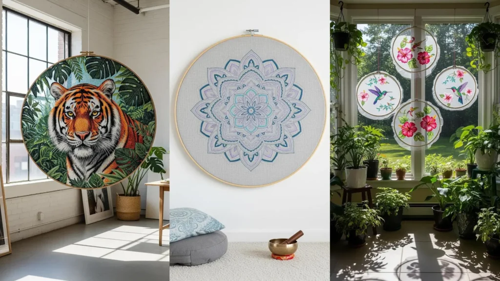 A collage of fun hoop art projects for walls, featuring a tiger, mandala, and hummingbirds for one-of-a-kind decor.
