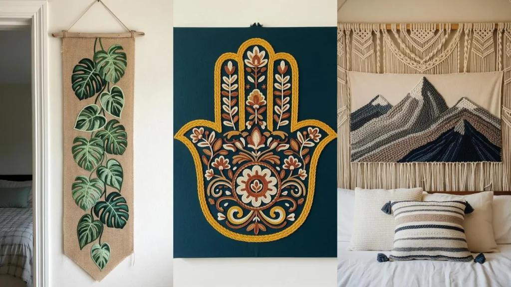Three boho textile wall art patterns with earthy aesthetics, including a monstera leaf banner and mountain landscape.