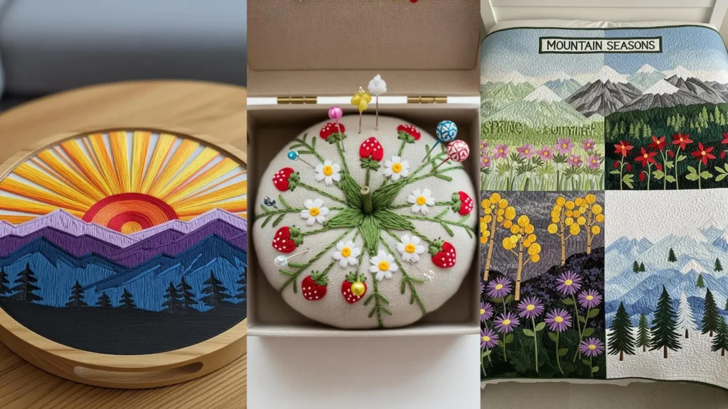 A collage of botanical art, featuring mountain and wildflower embroidery with nature-inspired color palettes.
