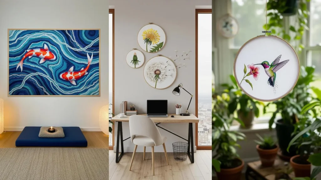 Nature-inspired embroidery wall decor for calm interiors, featuring koi fish, dandelions, and a hummingbird.