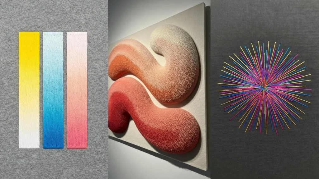 A collage of modern abstract embroidery showcasing thread color blending tricks on neutral backgrounds.
