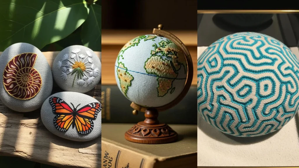 A closeup of creative handmade trinkets, showing detailed embroidery of a butterfly on a stone and a miniature world globe.