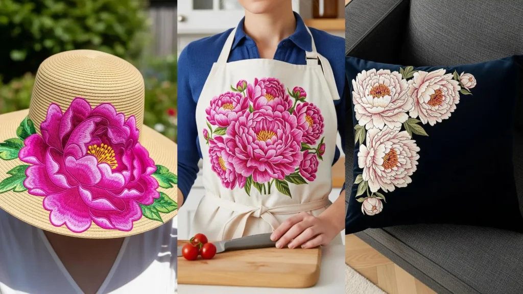 A collage of peony embroidery ideas with full, plush petals on a straw hat, an apron, and a dark decorative pillow.