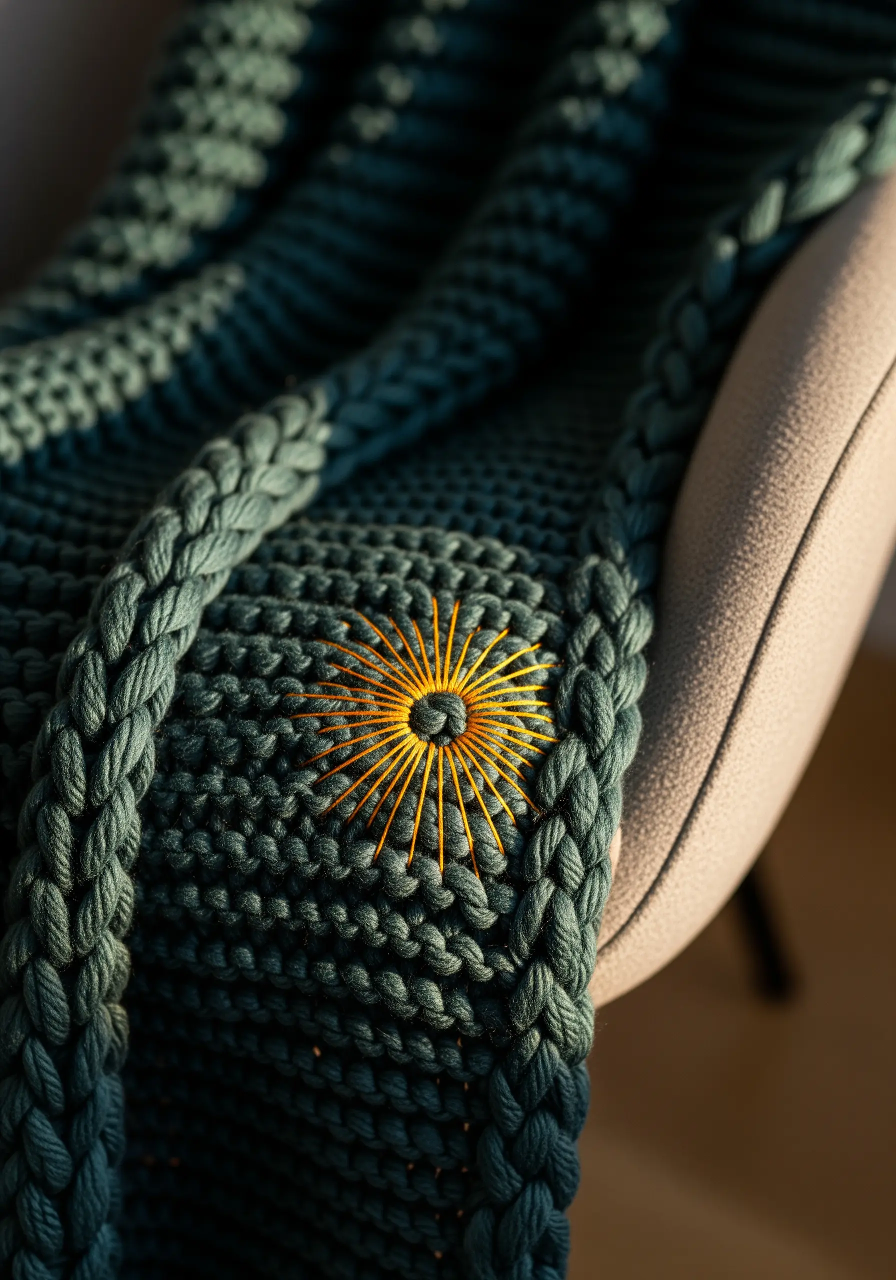A bright yellow embroidered sunburst motif on the corner of a dark teal chunky knit blanket.