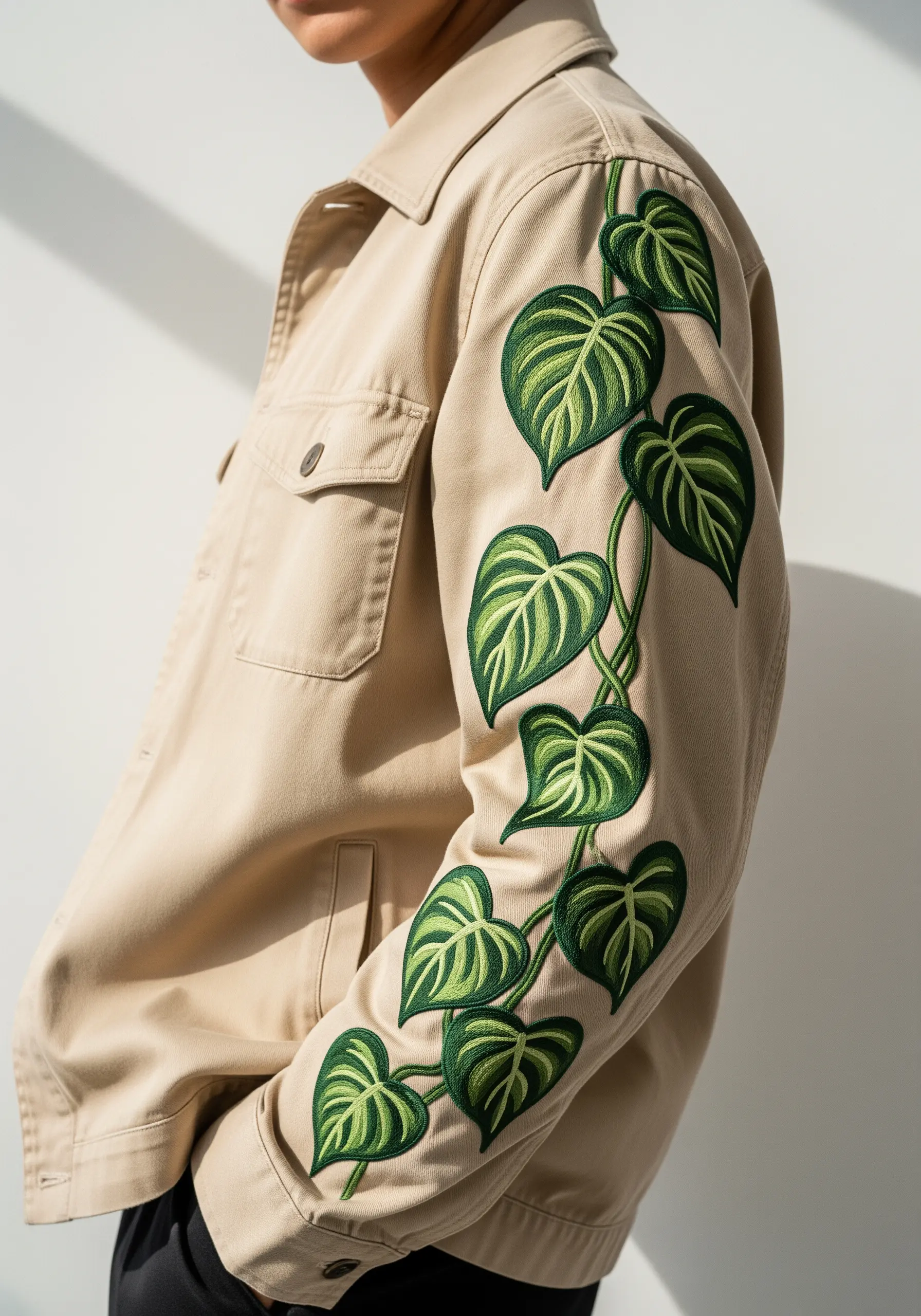 A climbing philodendron vine with variegated green leaves on a khaki jacket sleeve.