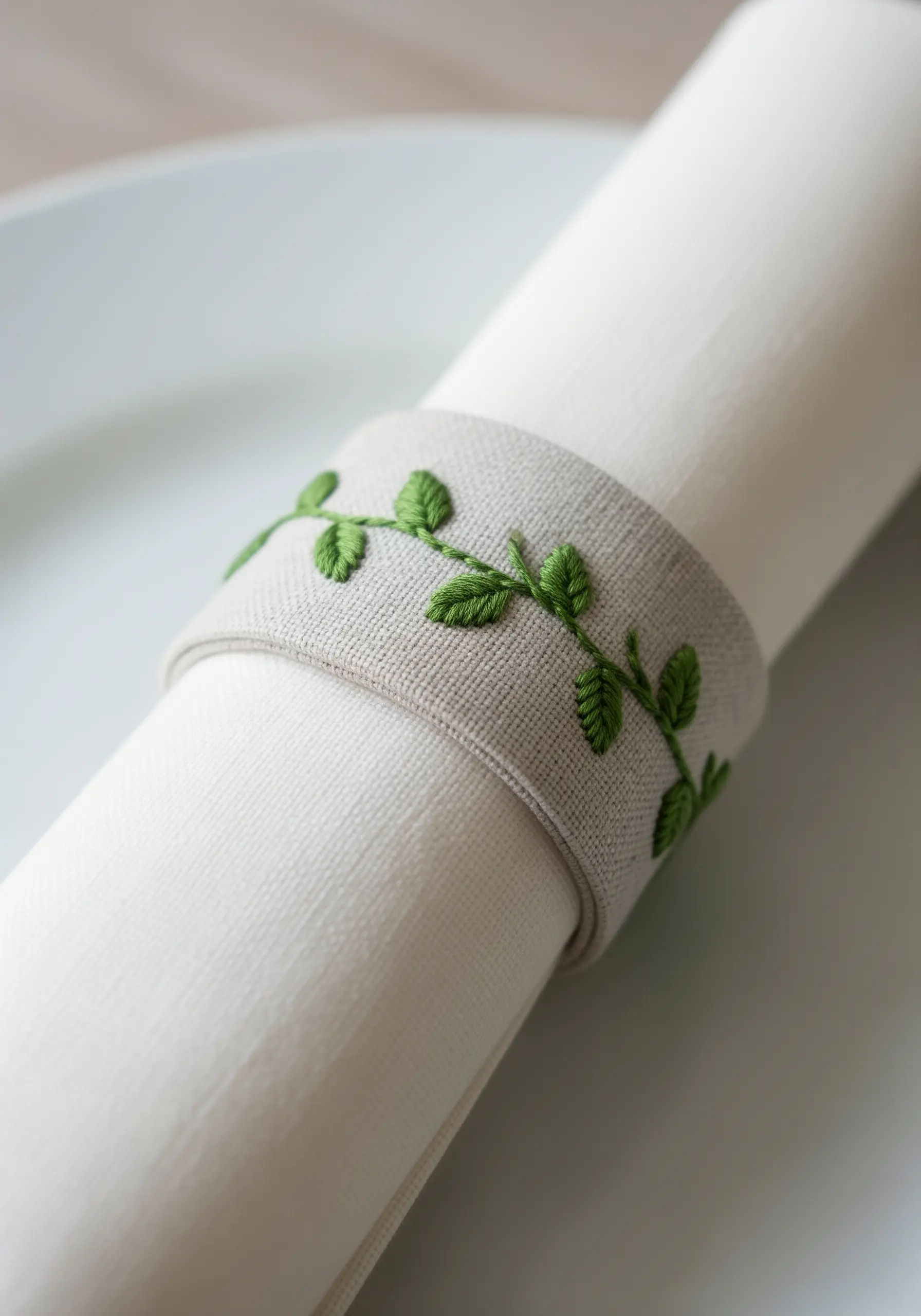 A delicate green vine embroidered around a linen napkin ring.