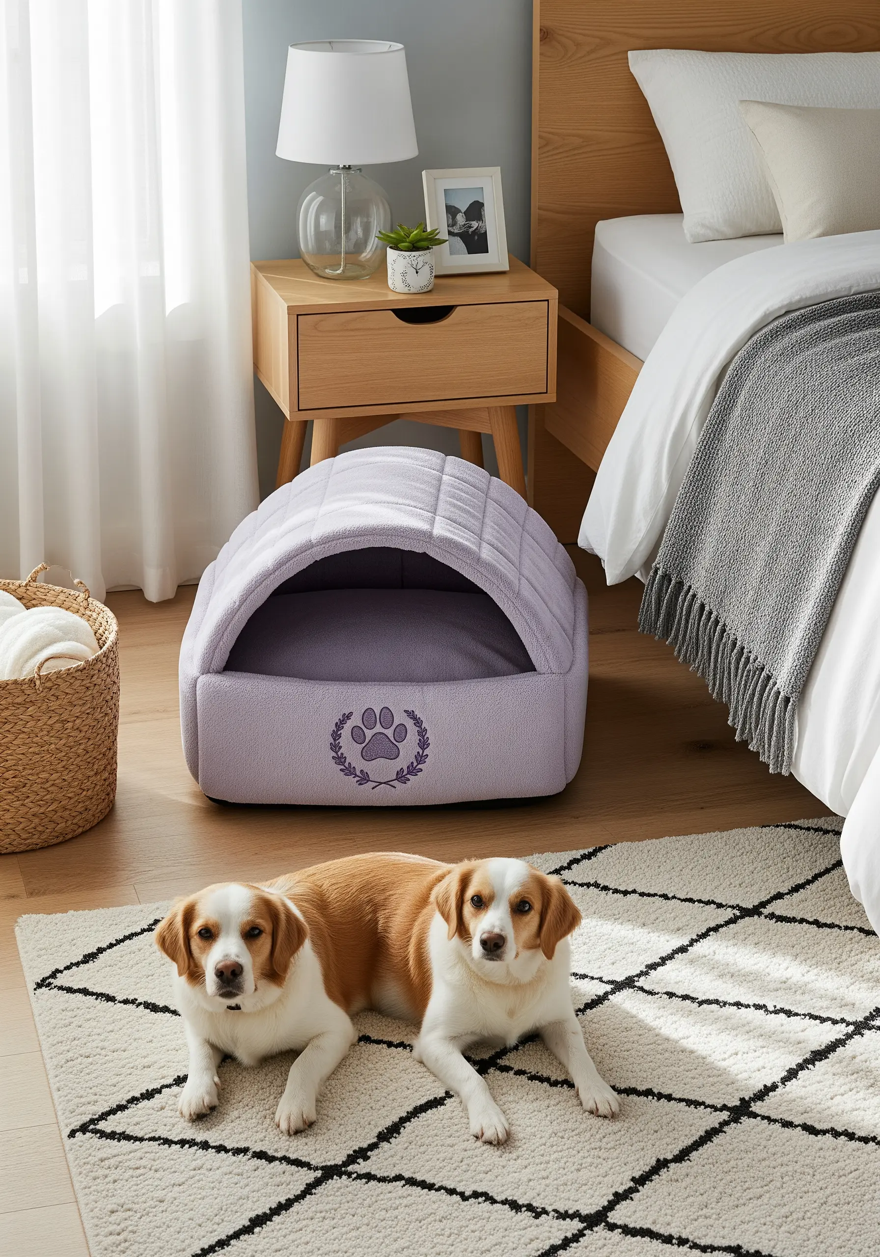 Two dogs lying near a lavender-colored pet bed that has an embroidered paw print and lavender motif.