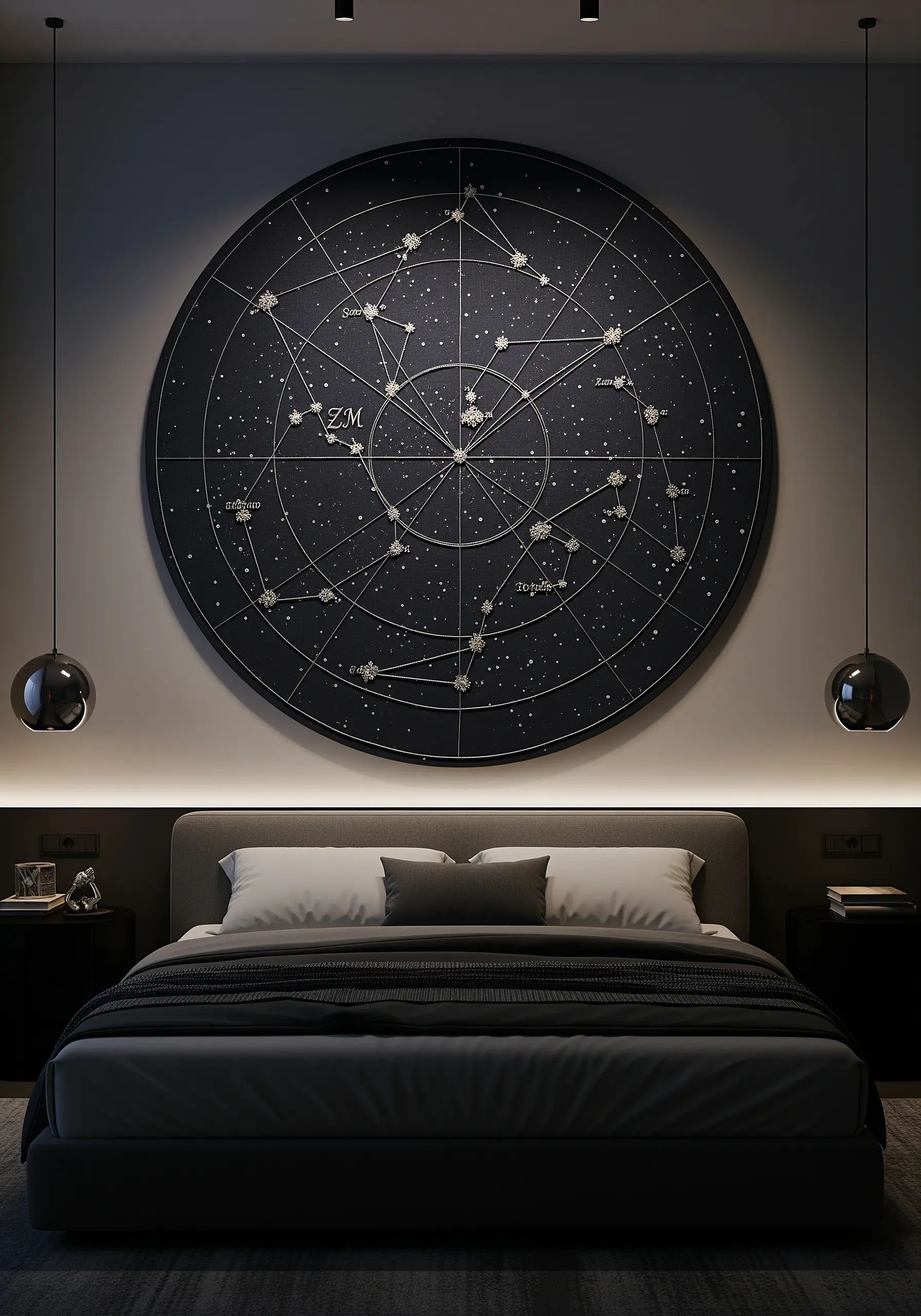 A large, circular embroidered constellation chart with zodiac signs on a dark wall.
