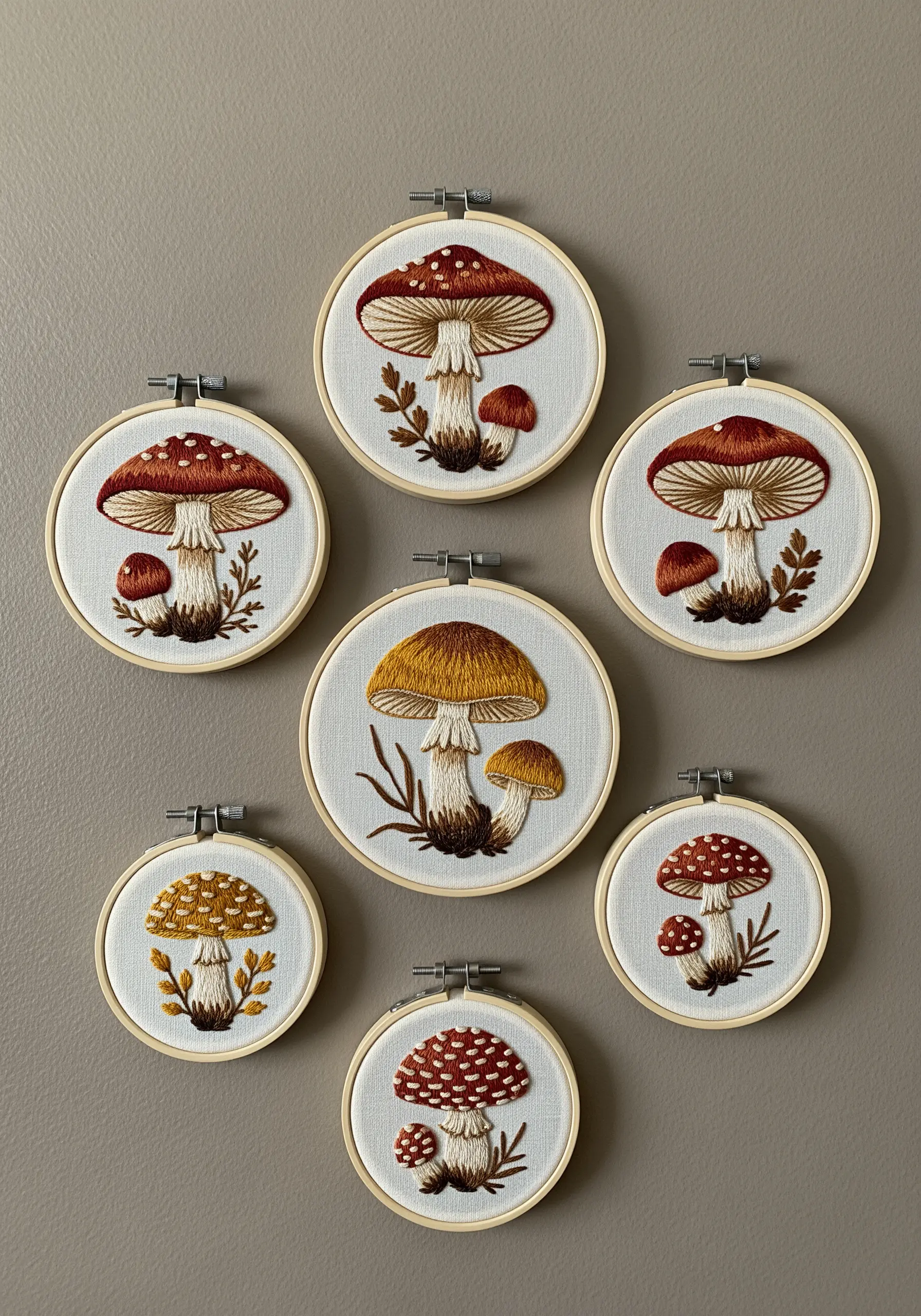 A collection of seven small embroidery hoops featuring different mushroom species.