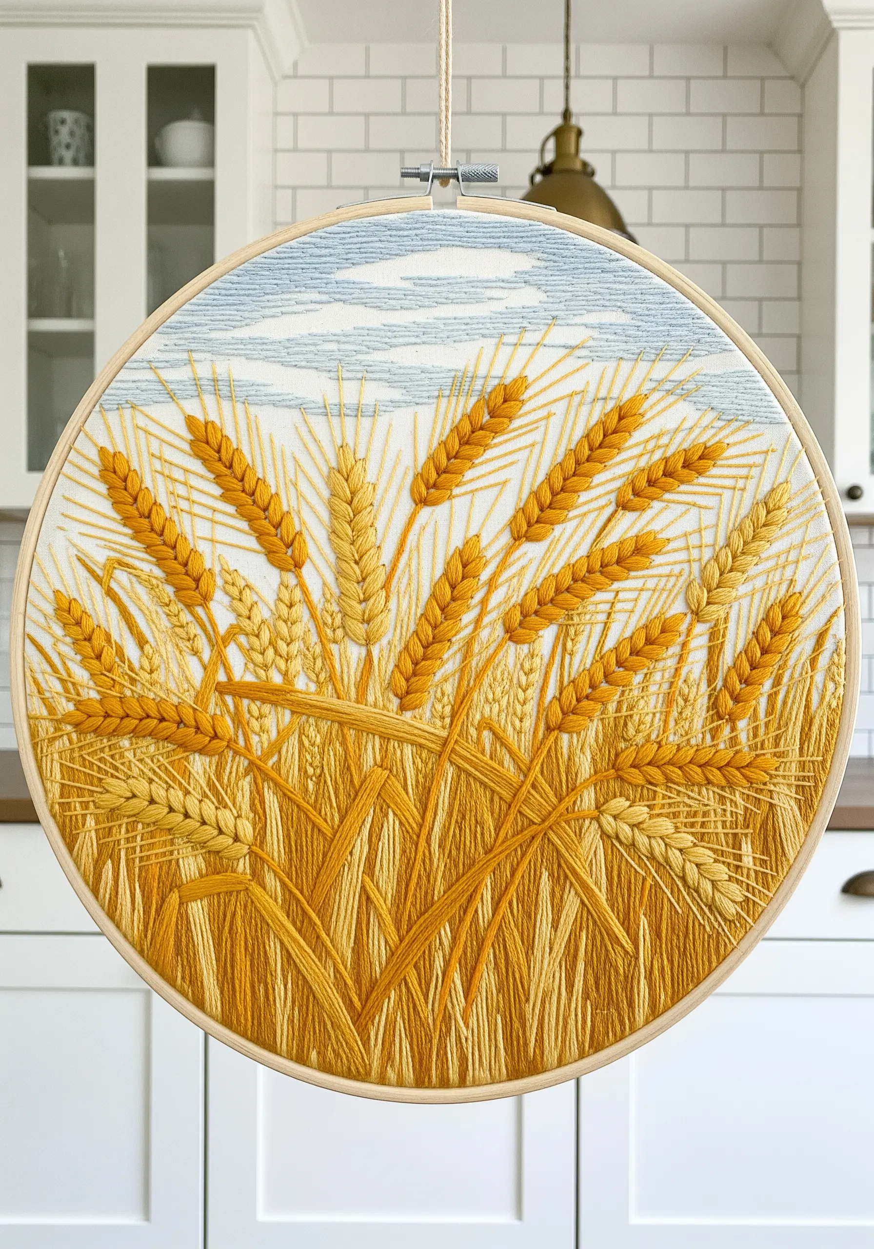 Embroidery hoop of a golden wheat field against a pale blue sky.