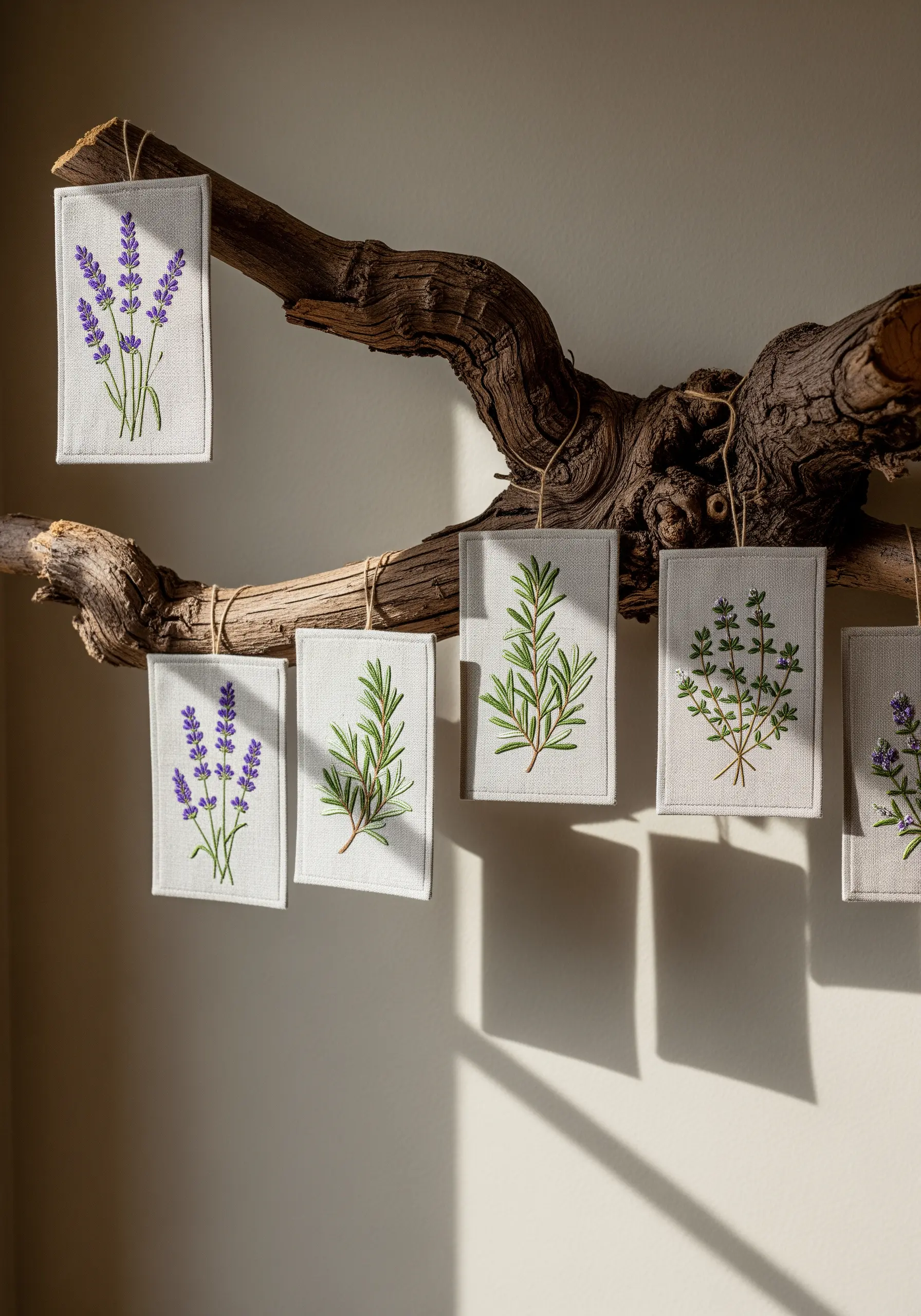 Small embroidered linen panels of herbs like lavender hanging from a branch.