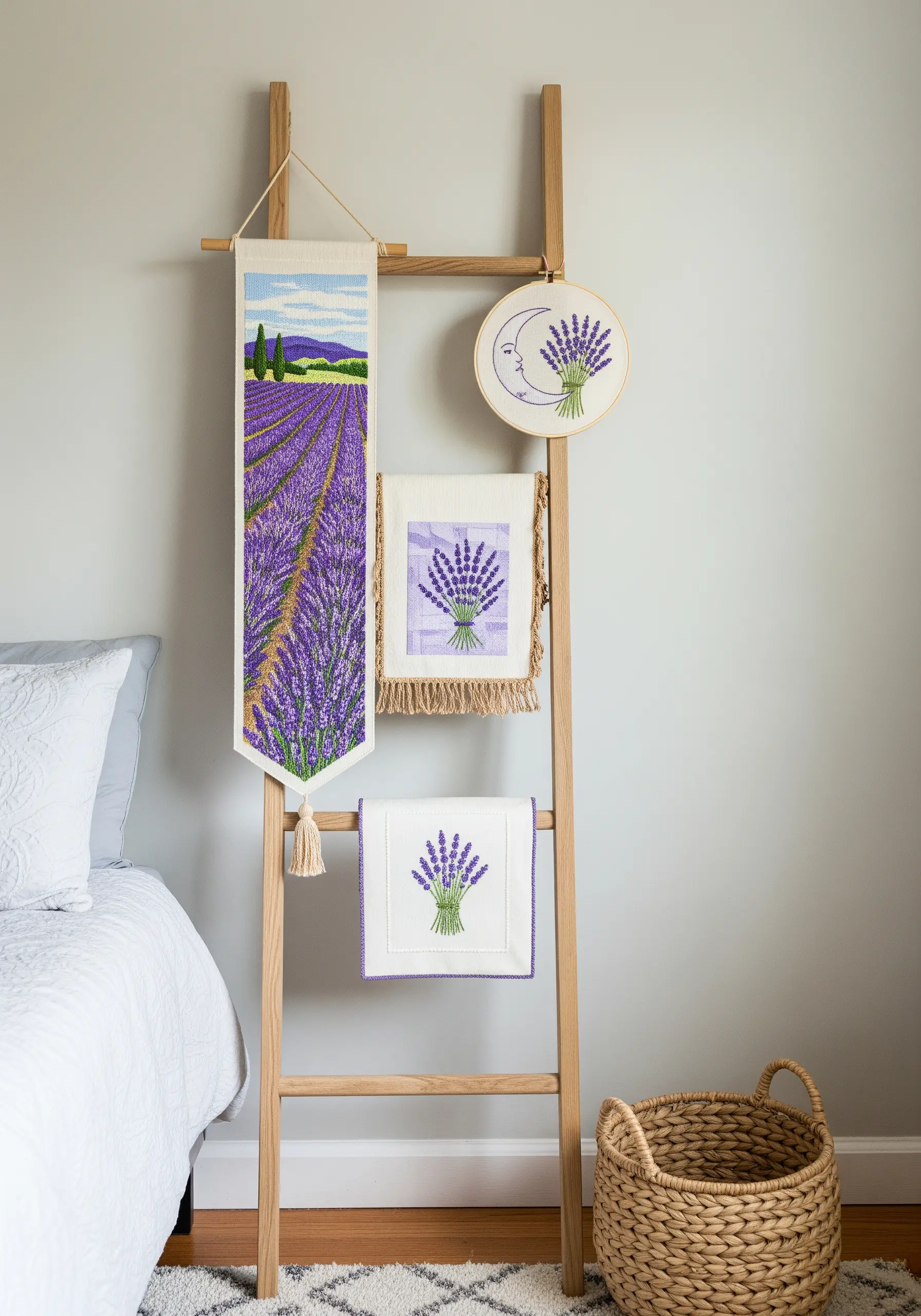 A decorative ladder leaning against a wall, displaying various lavender-themed embroidered art pieces.