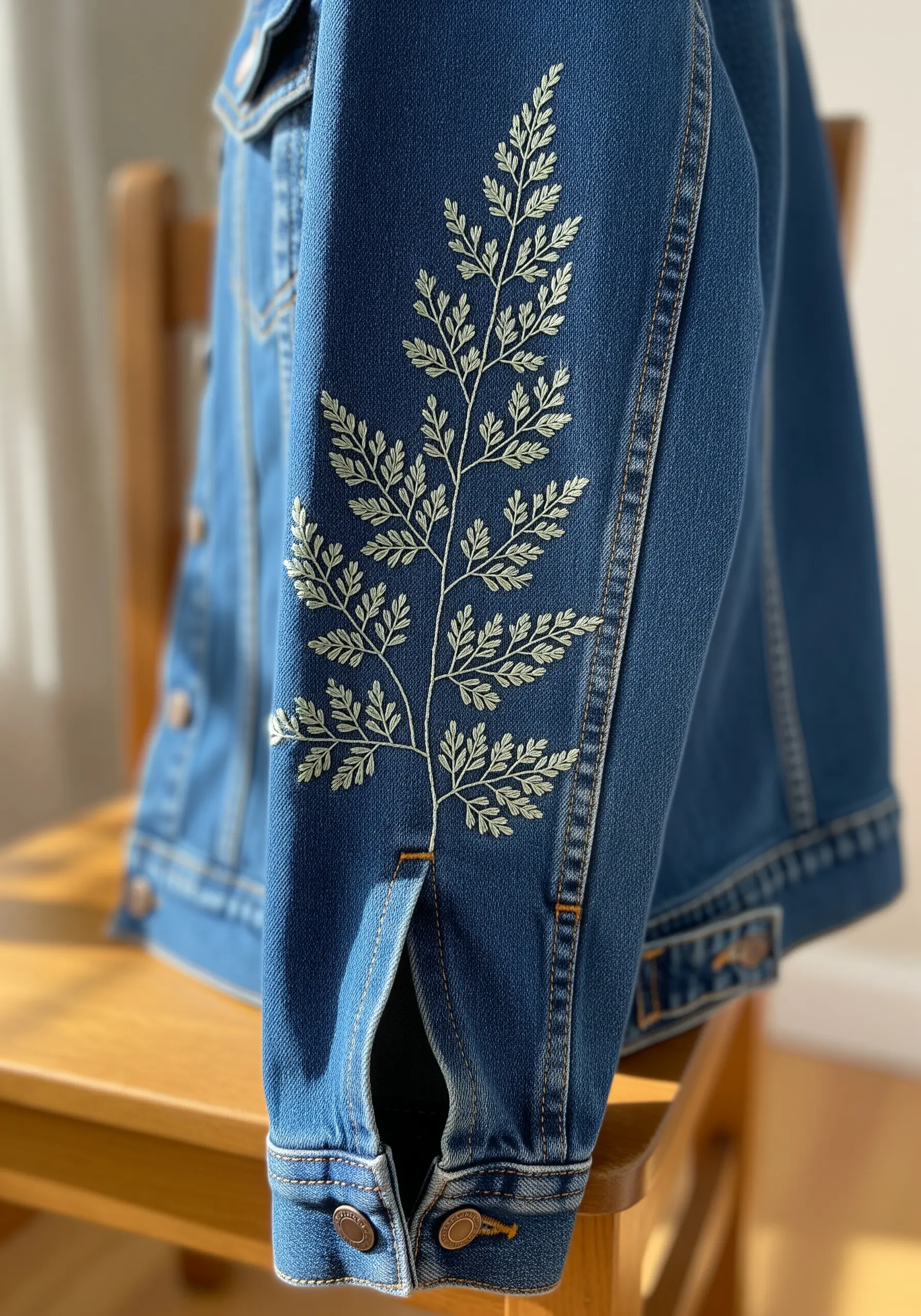 Delicate fern branch embroidered in pale green on a denim jacket sleeve.