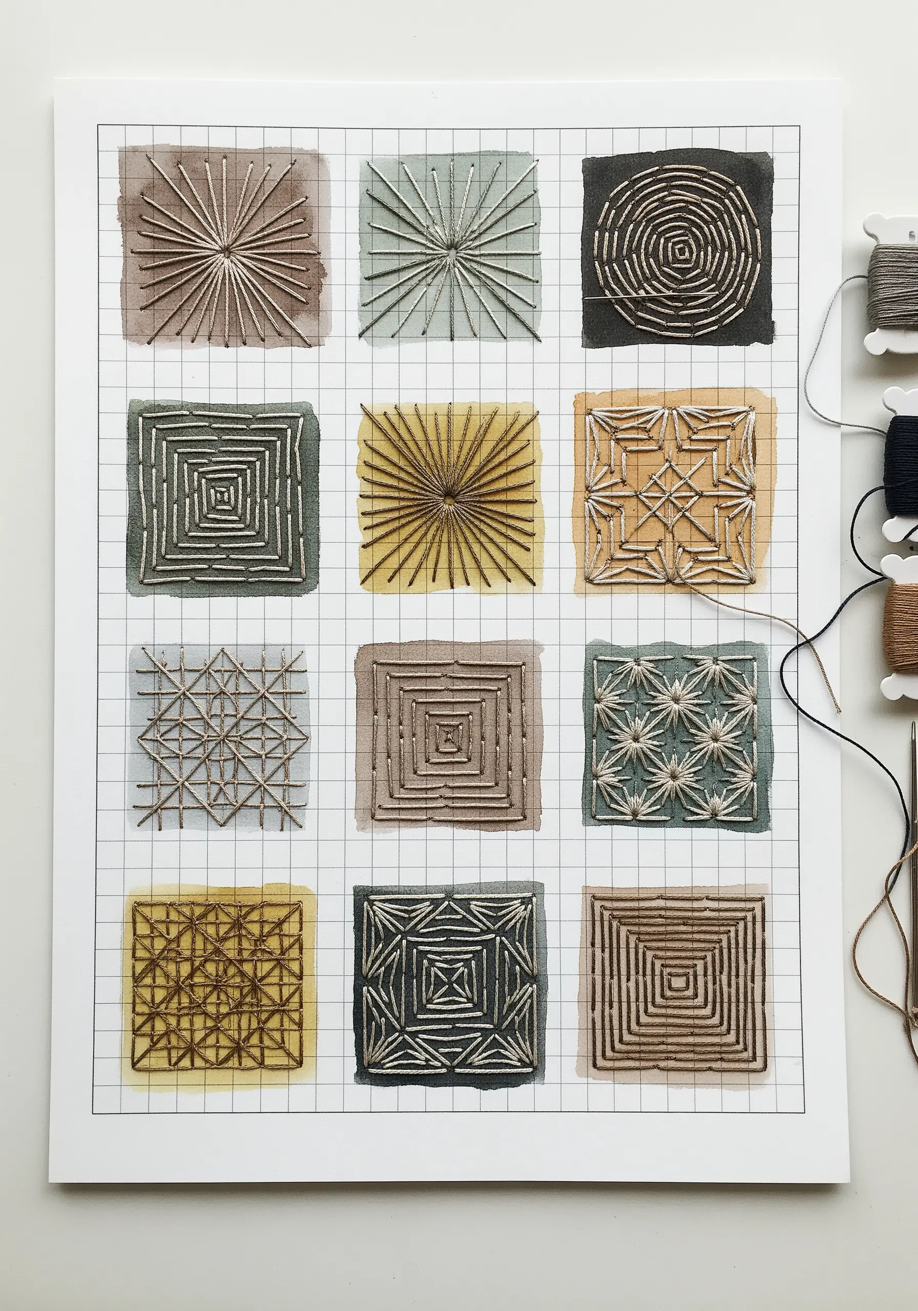 A sampler of geometric embroidery patterns stitched over a grid of muted watercolor squares.