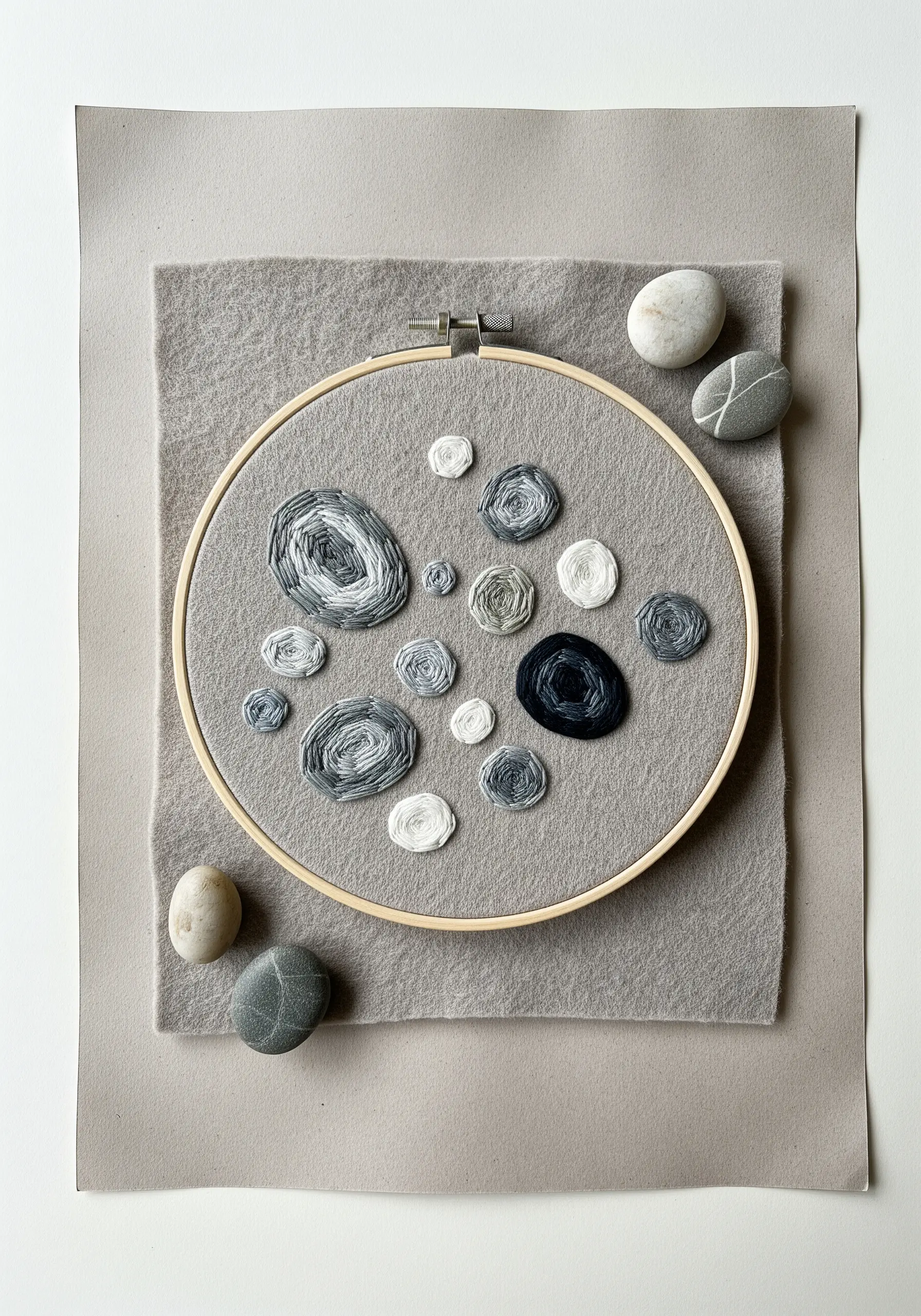 Embroidered stones in shades of grey, black, and white on grey felt.