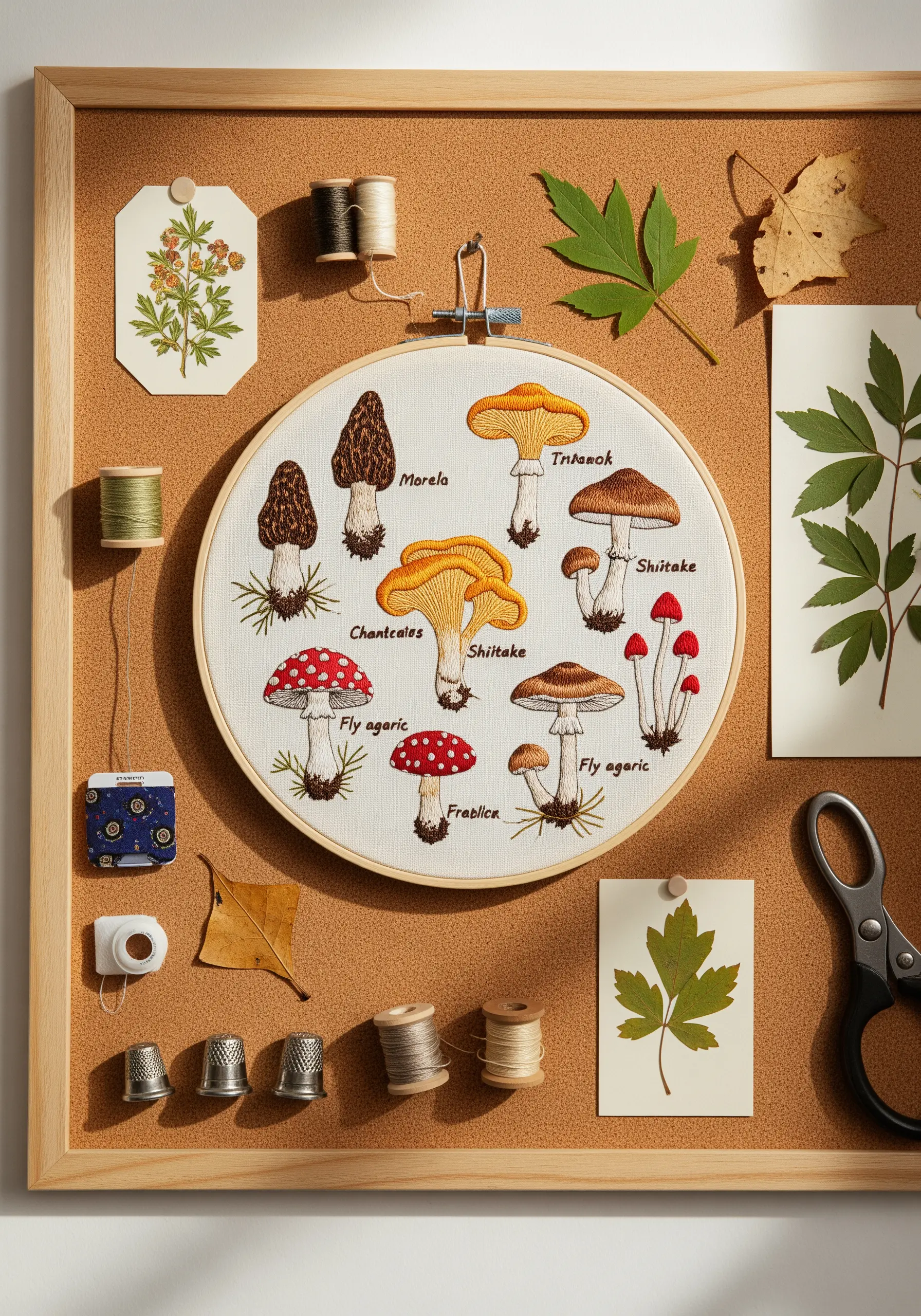 An embroidery hoop featuring a collection of different mushroom species, like a scientific illustration.