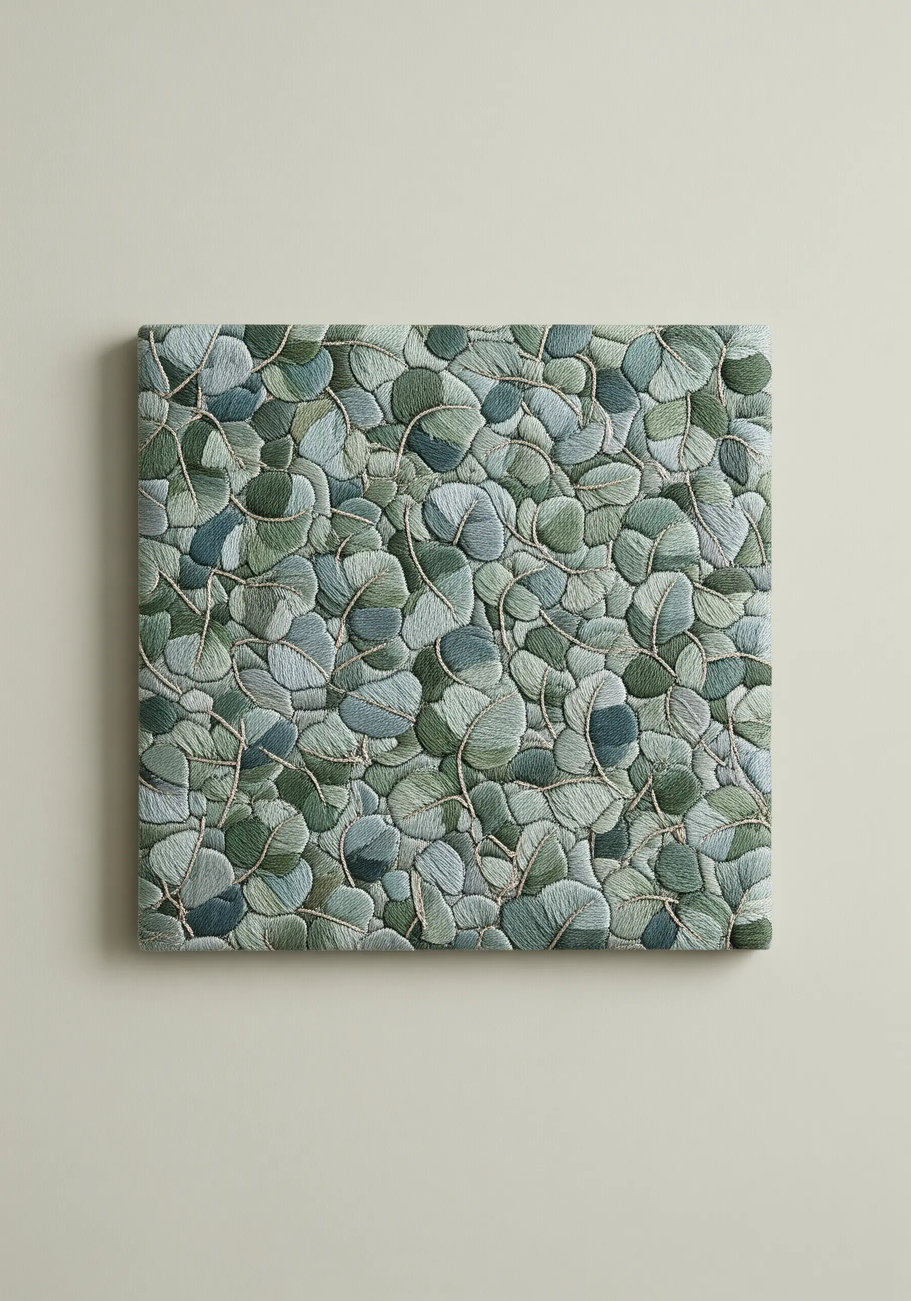 A dense pattern of embroidered eucalyptus leaves covering an entire canvas.